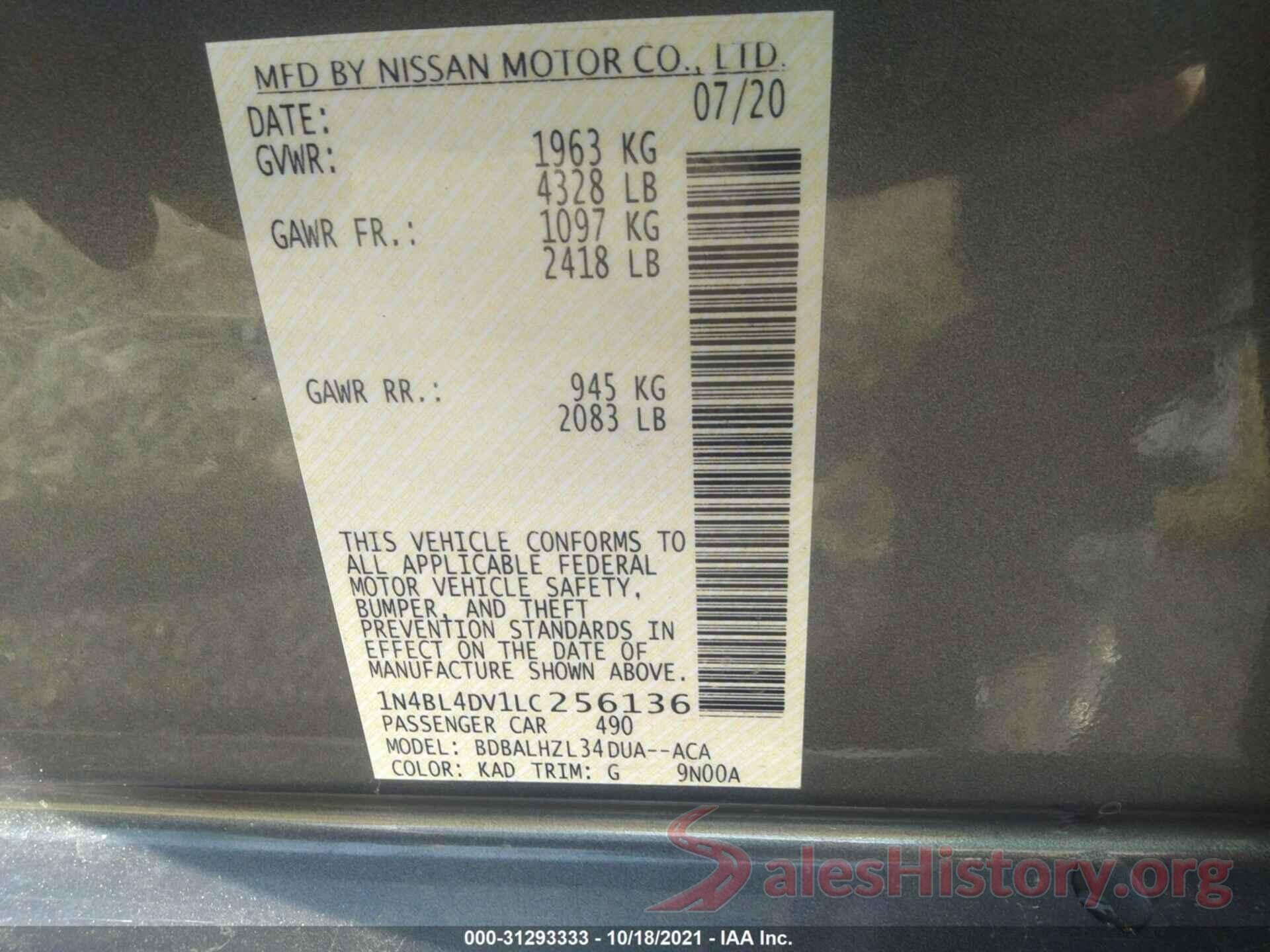 1N4BL4DV1LC256136 2020 NISSAN ALTIMA