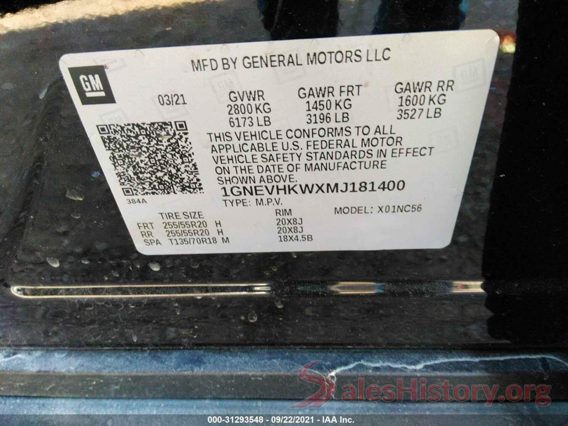 1GNEVHKWXMJ181400 2021 CHEVROLET TRAVERSE