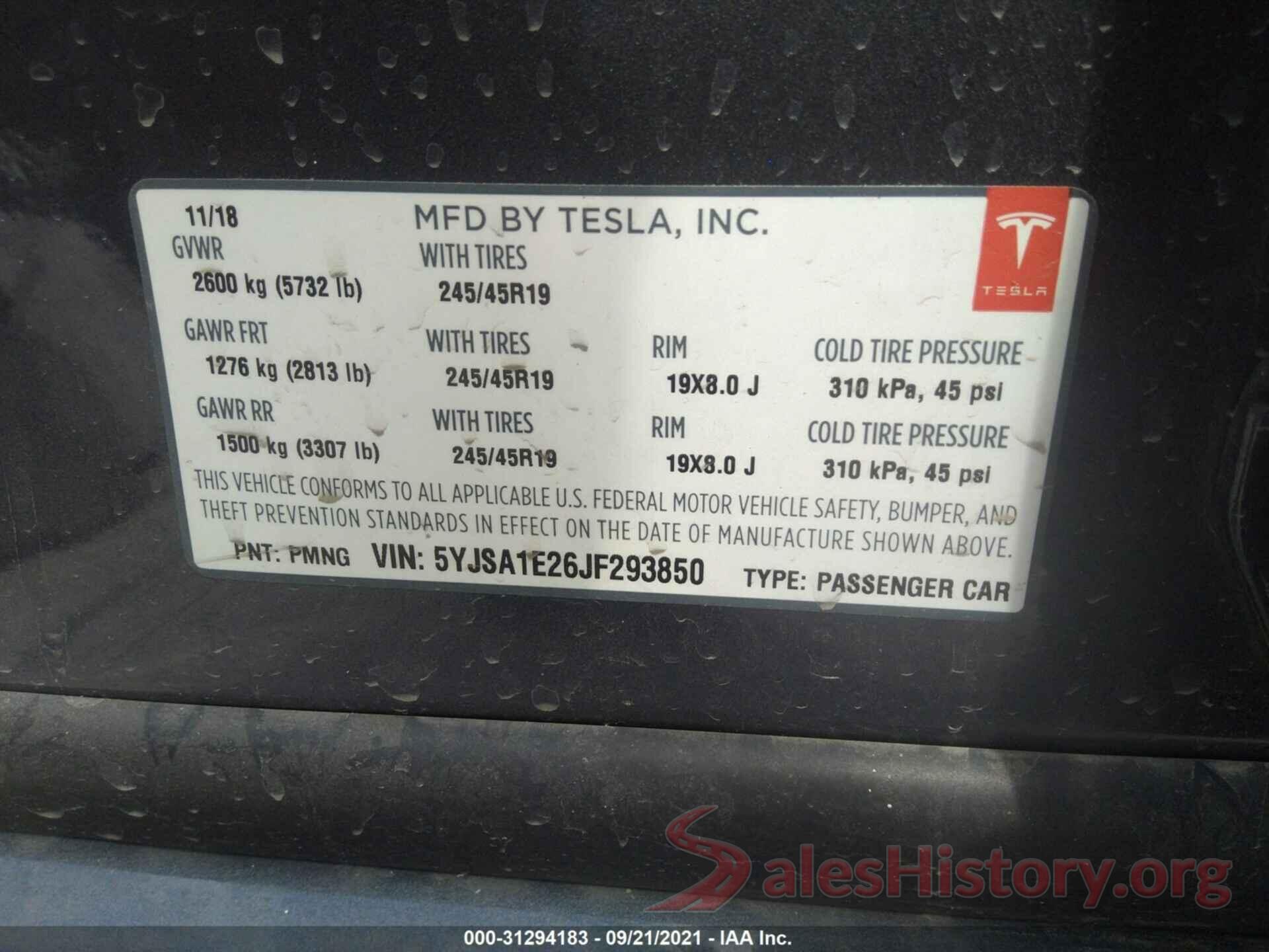 5YJSA1E26JF293850 2018 TESLA MODEL S