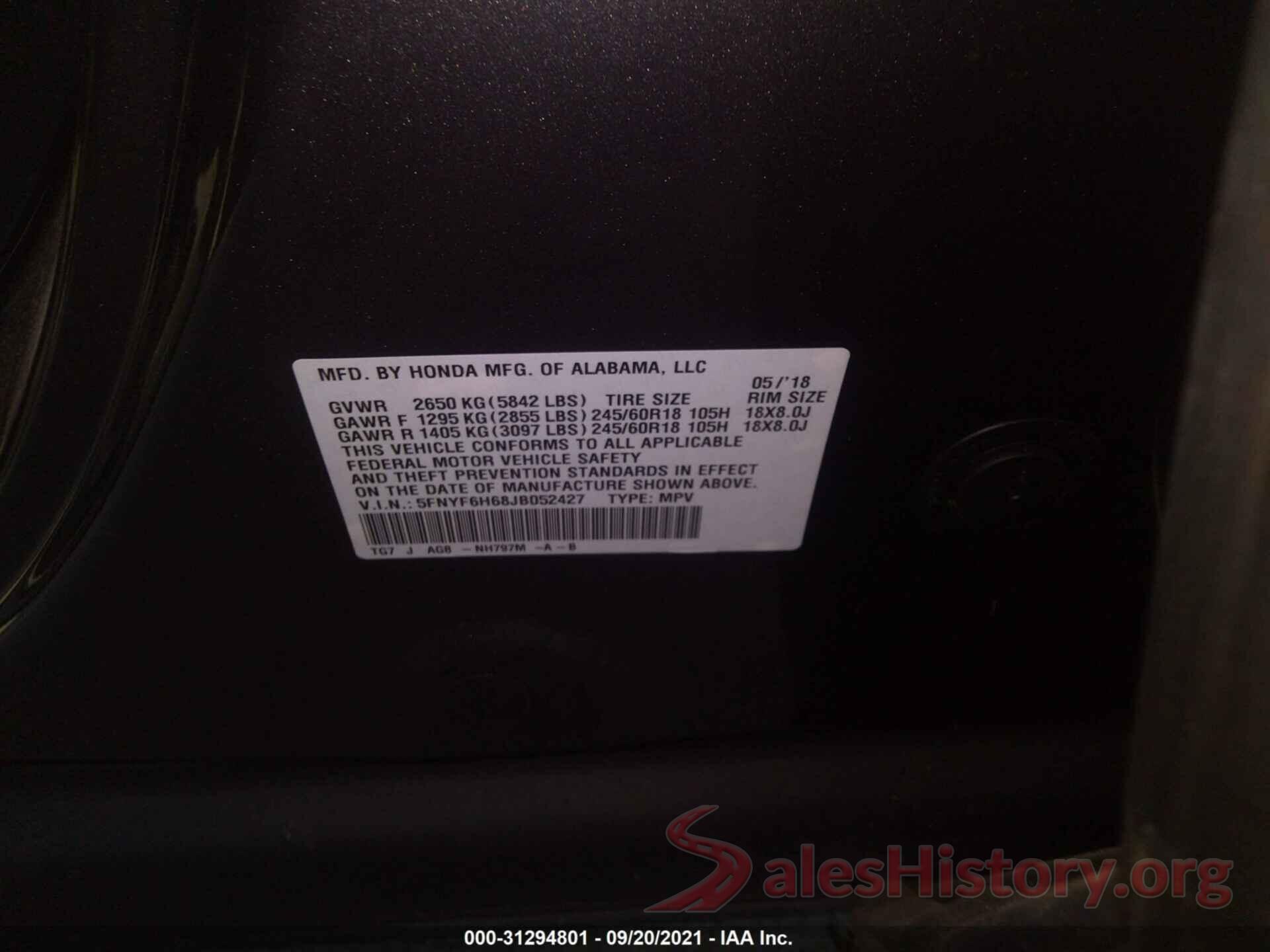 5FNYF6H68JB052427 2018 HONDA PILOT