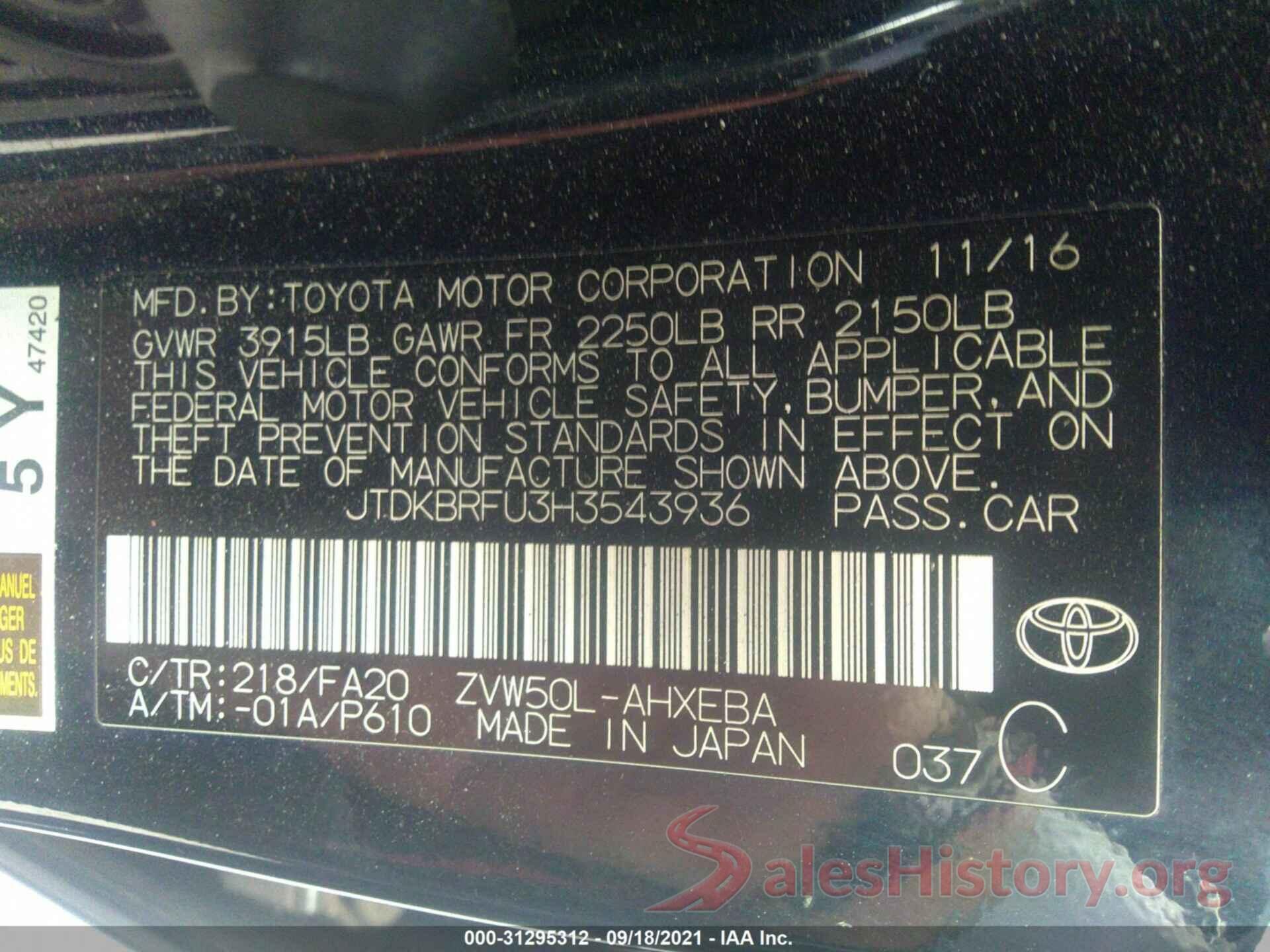 JTDKBRFU3H3543936 2017 TOYOTA PRIUS