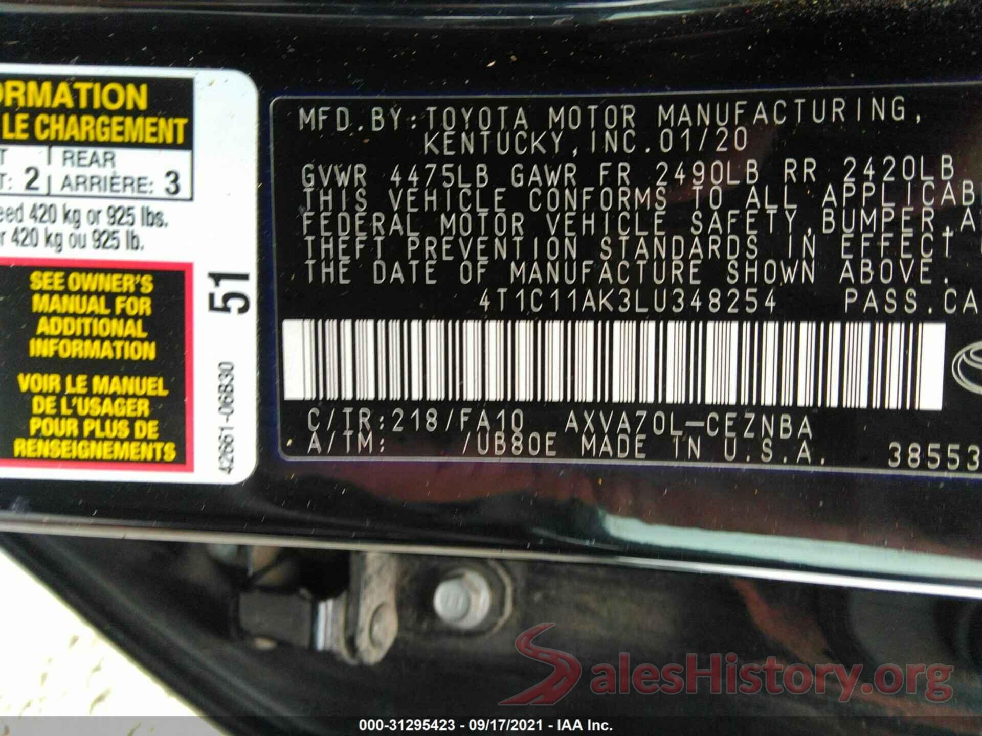 4T1C11AK3LU348254 2020 TOYOTA CAMRY