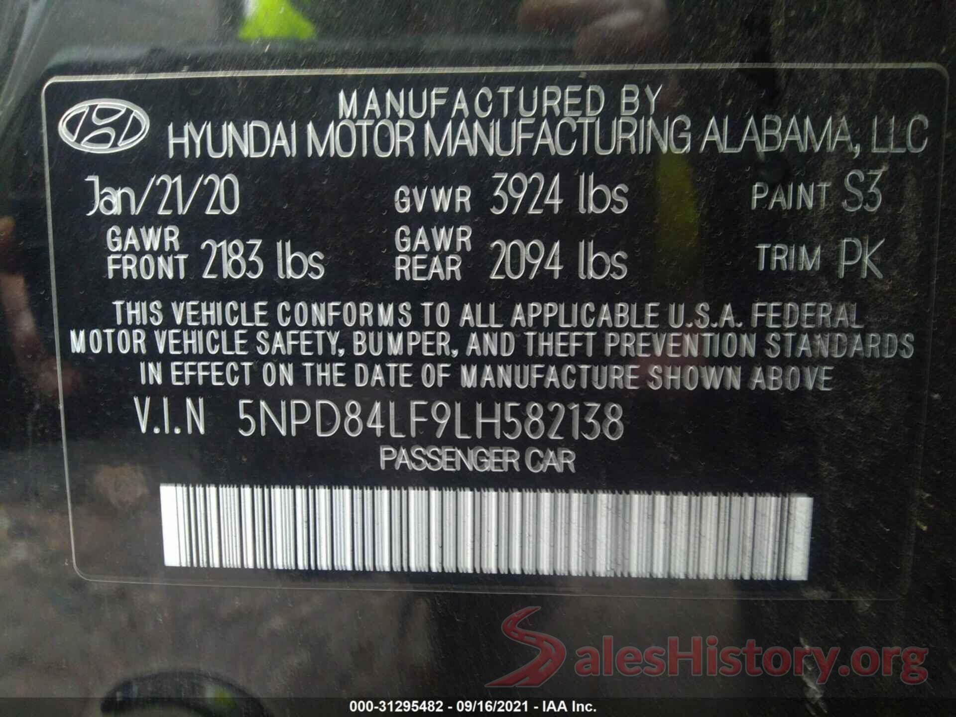 5NPD84LF9LH582138 2020 HYUNDAI ELANTRA