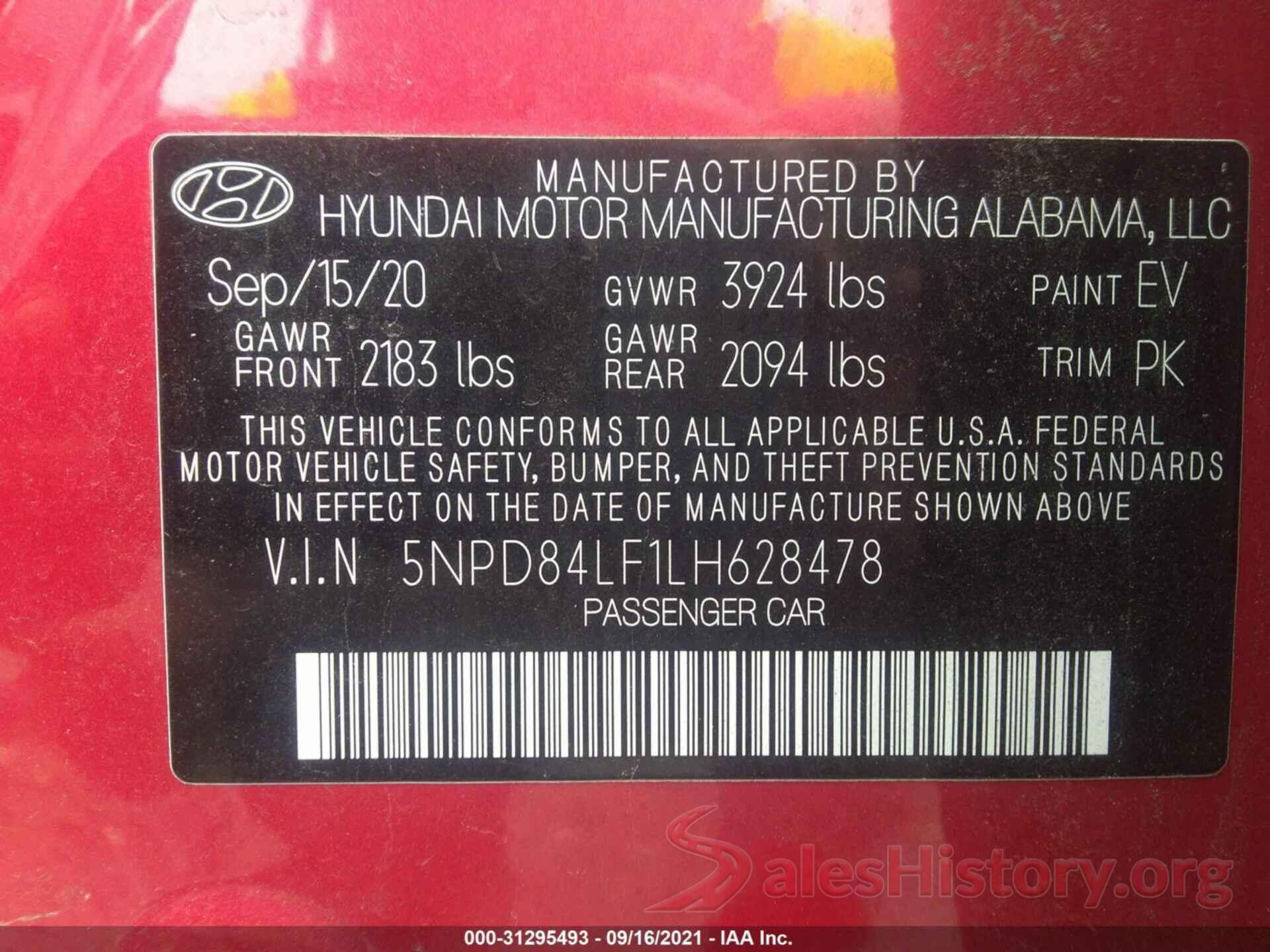 5NPD84LF1LH628478 2020 HYUNDAI ELANTRA