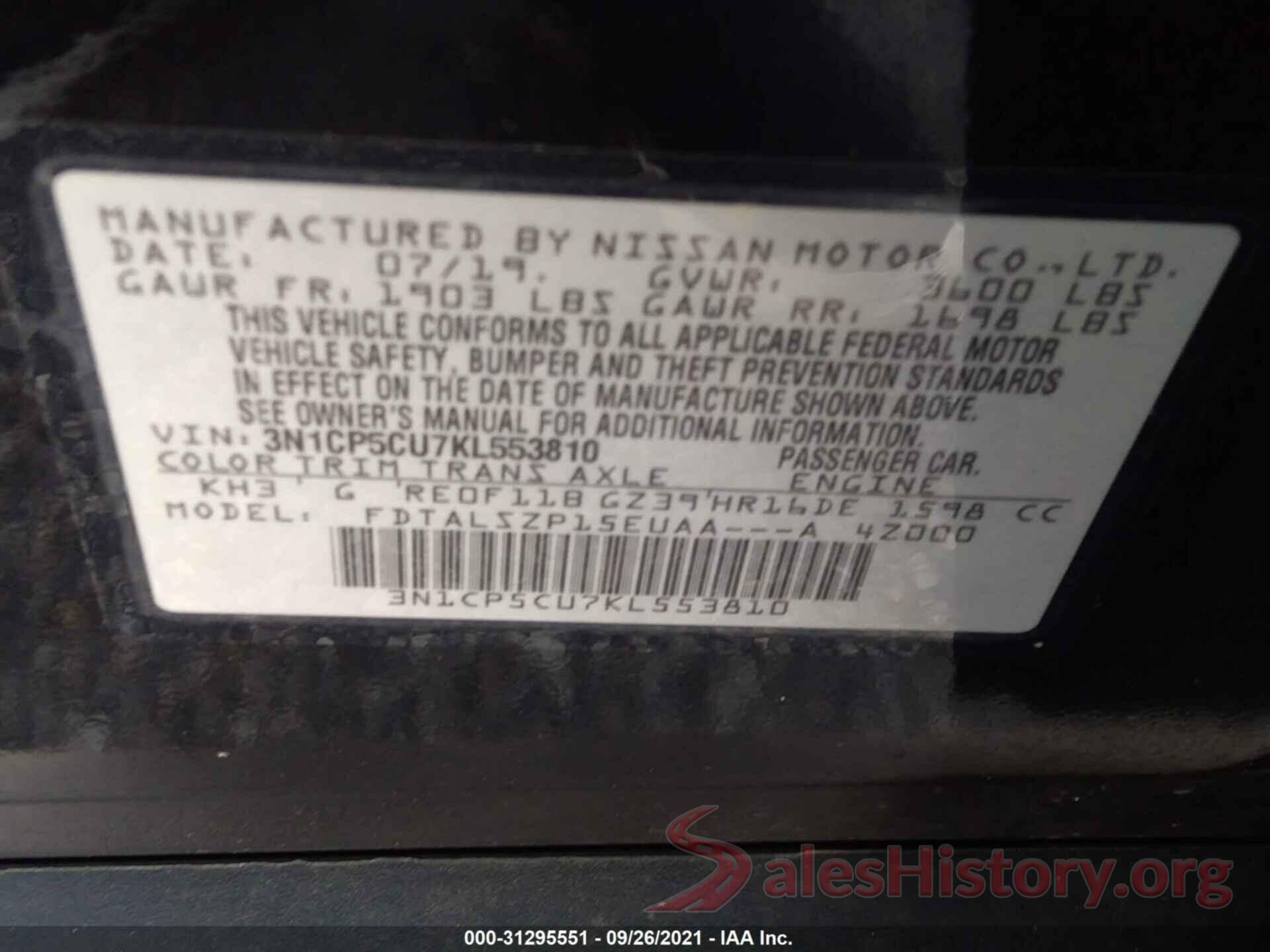 3N1CP5CU7KL553810 2019 NISSAN KICKS