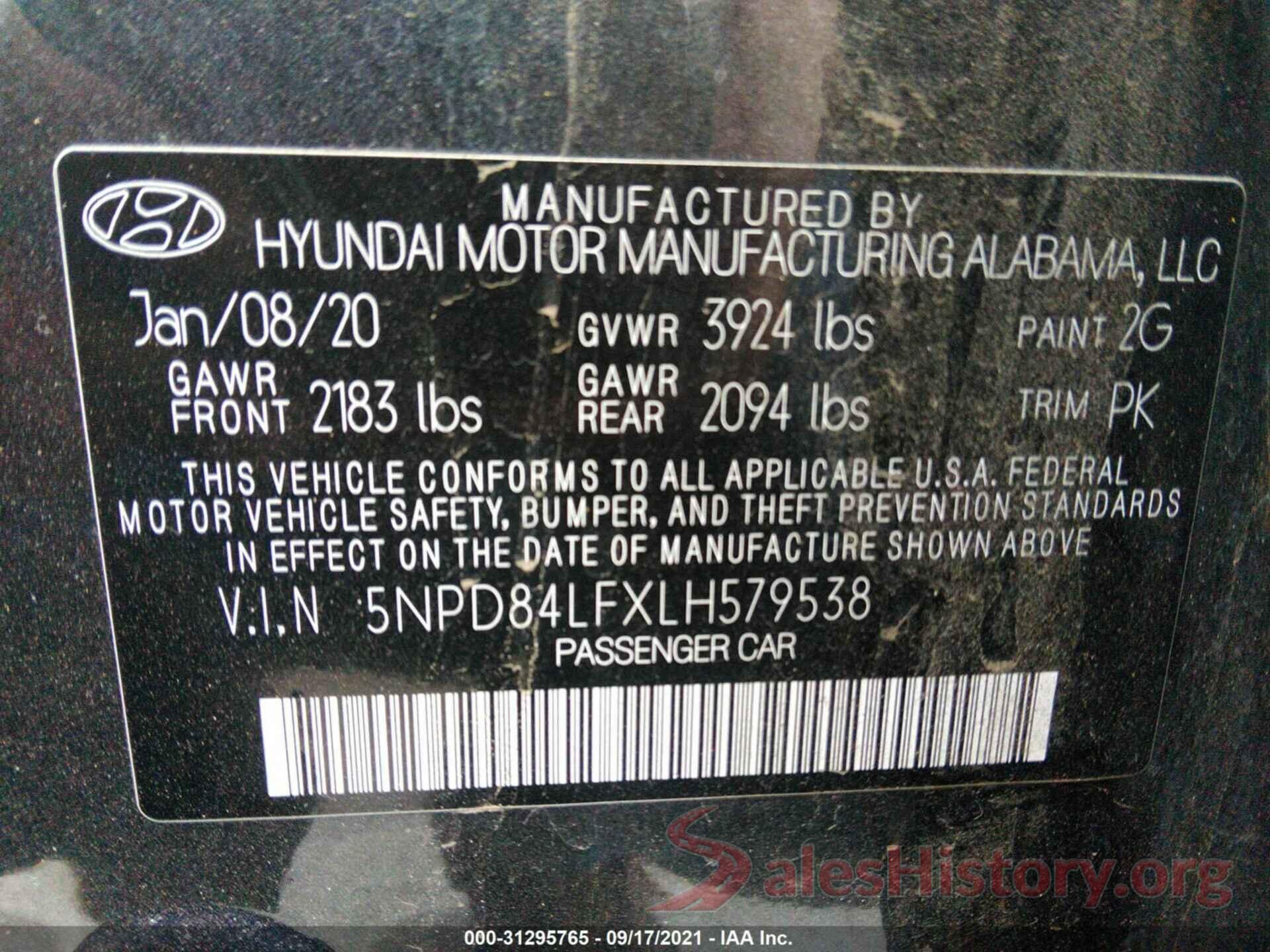 5NPD84LFXLH579538 2020 HYUNDAI ELANTRA