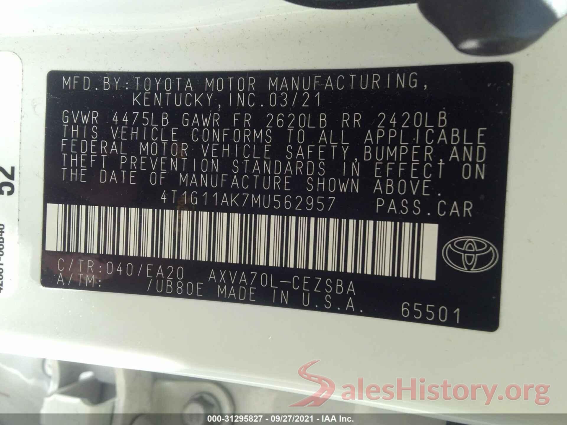 4T1G11AK7MU562957 2021 TOYOTA CAMRY