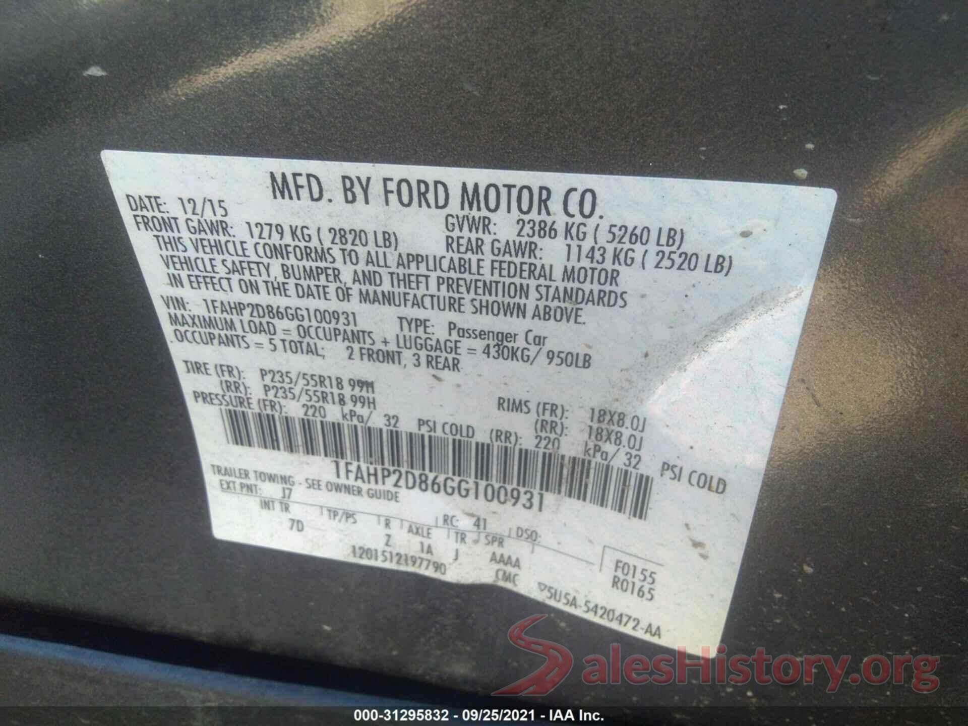 1FAHP2D86GG100931 2016 FORD TAURUS