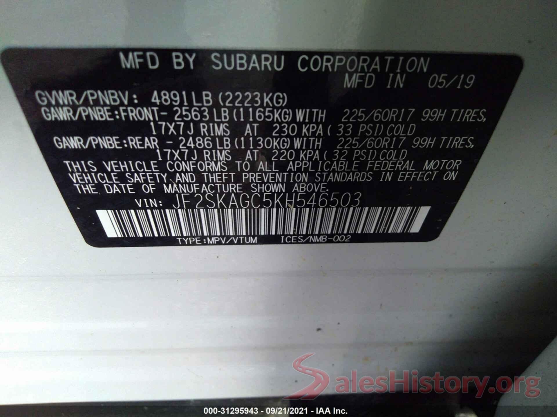 JF2SKAGC5KH546503 2019 SUBARU FORESTER