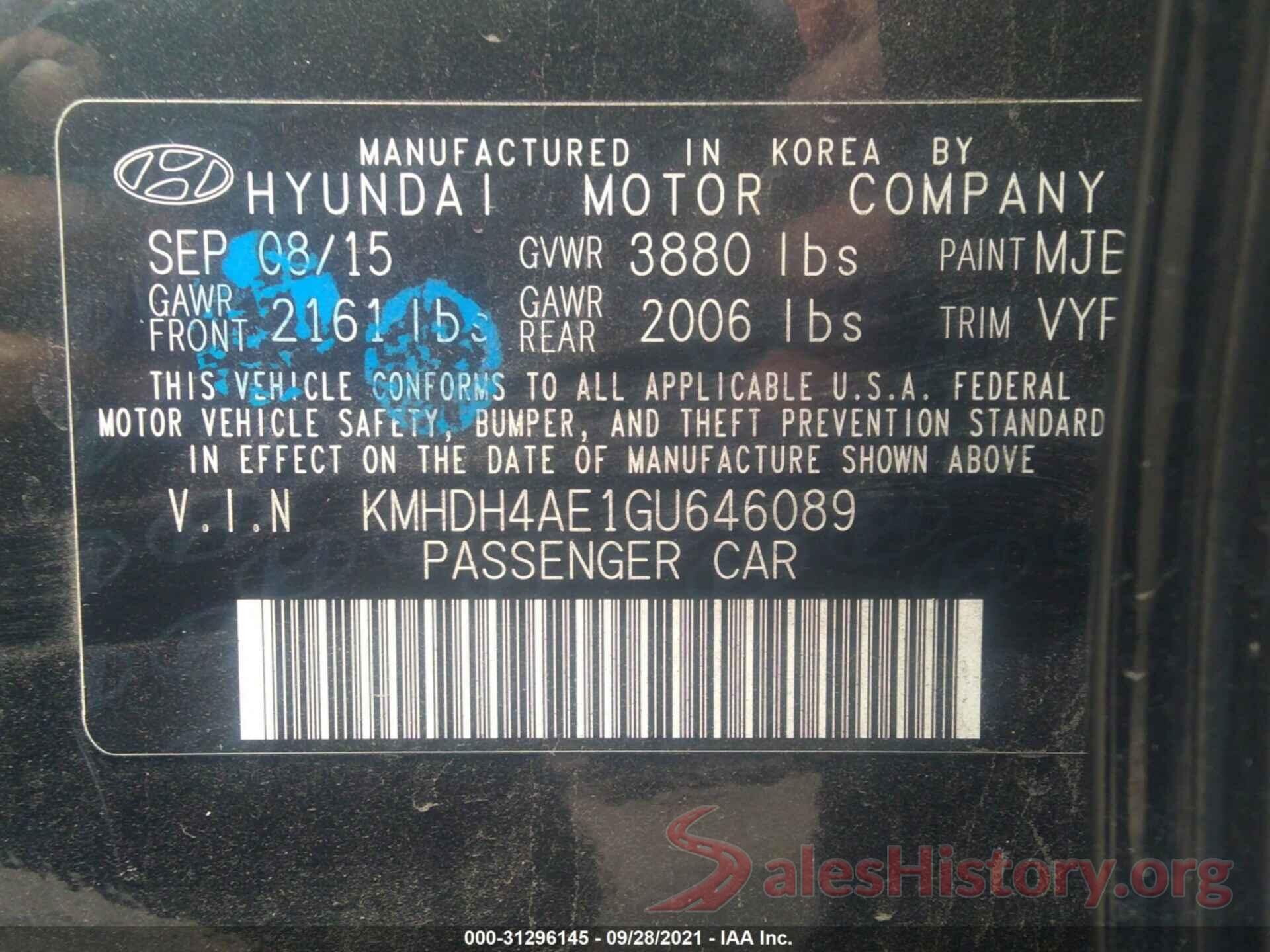 KMHDH4AE1GU646089 2016 HYUNDAI ELANTRA