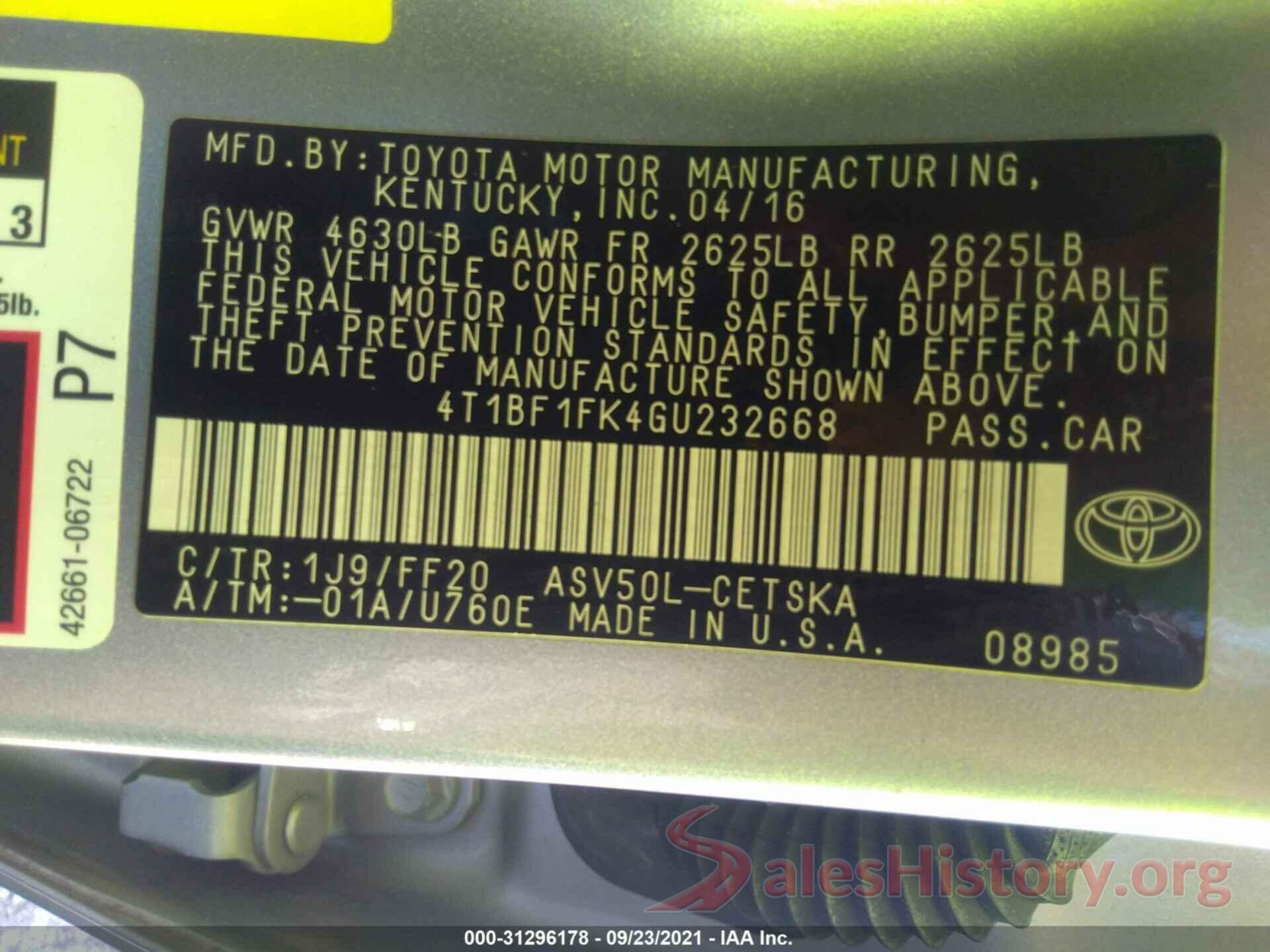 4T1BF1FK4GU232668 2016 TOYOTA CAMRY