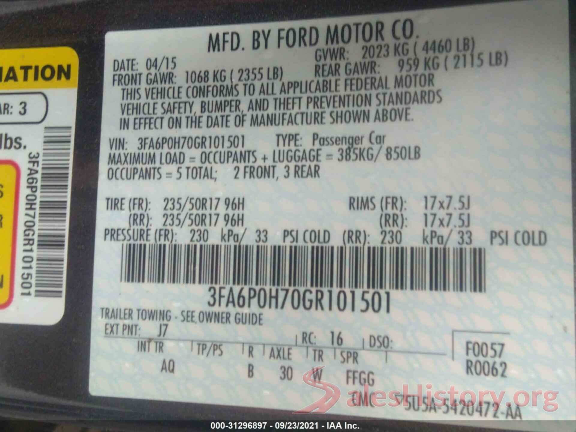 3FA6P0H70GR101501 2016 FORD FUSION