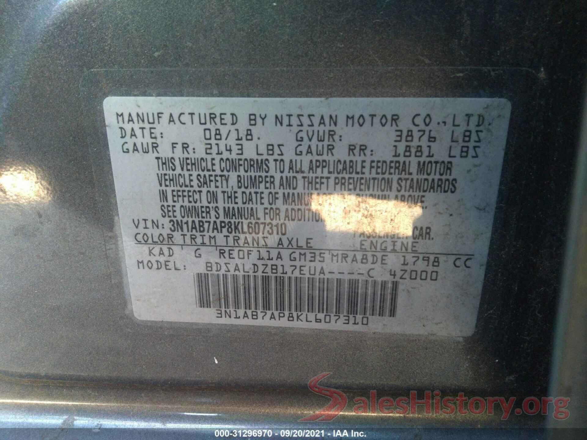 3N1AB7AP8KL607310 2019 NISSAN SENTRA