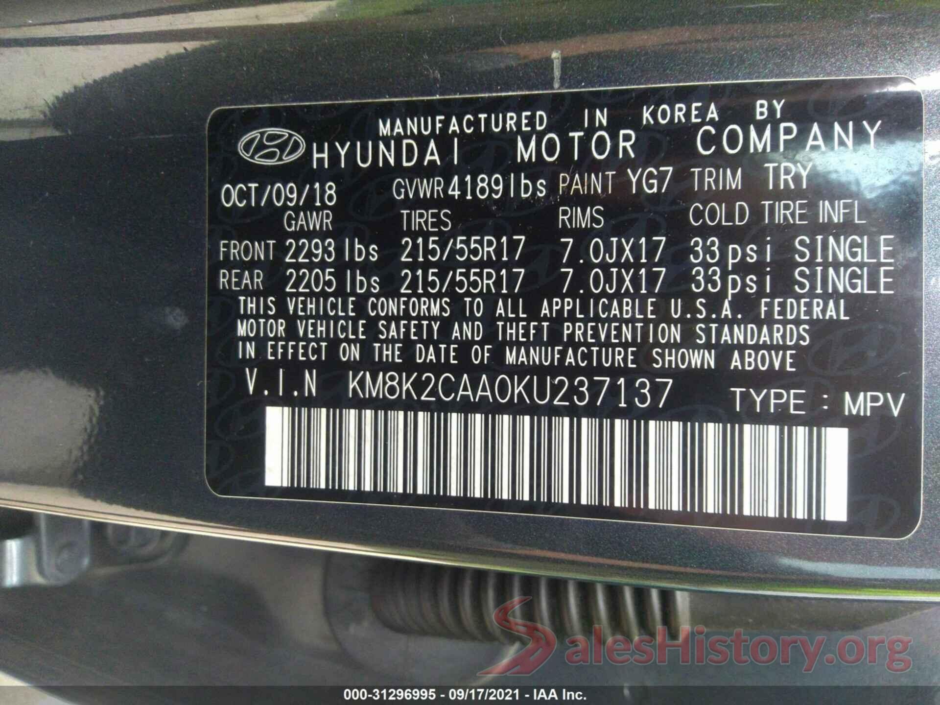 KM8K2CAA0KU237137 2019 HYUNDAI KONA