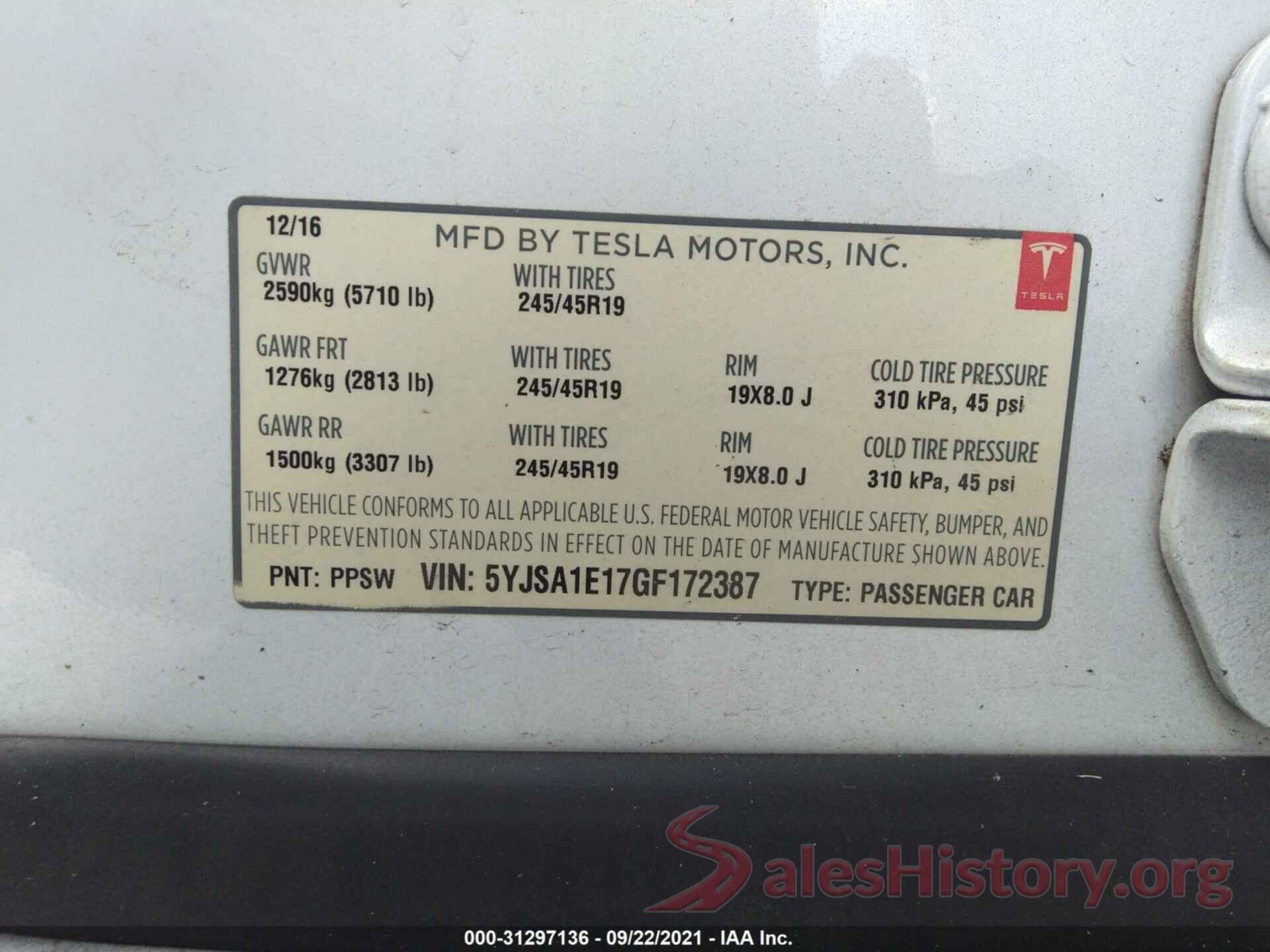 5YJSA1E17GF172387 2016 TESLA MODEL S