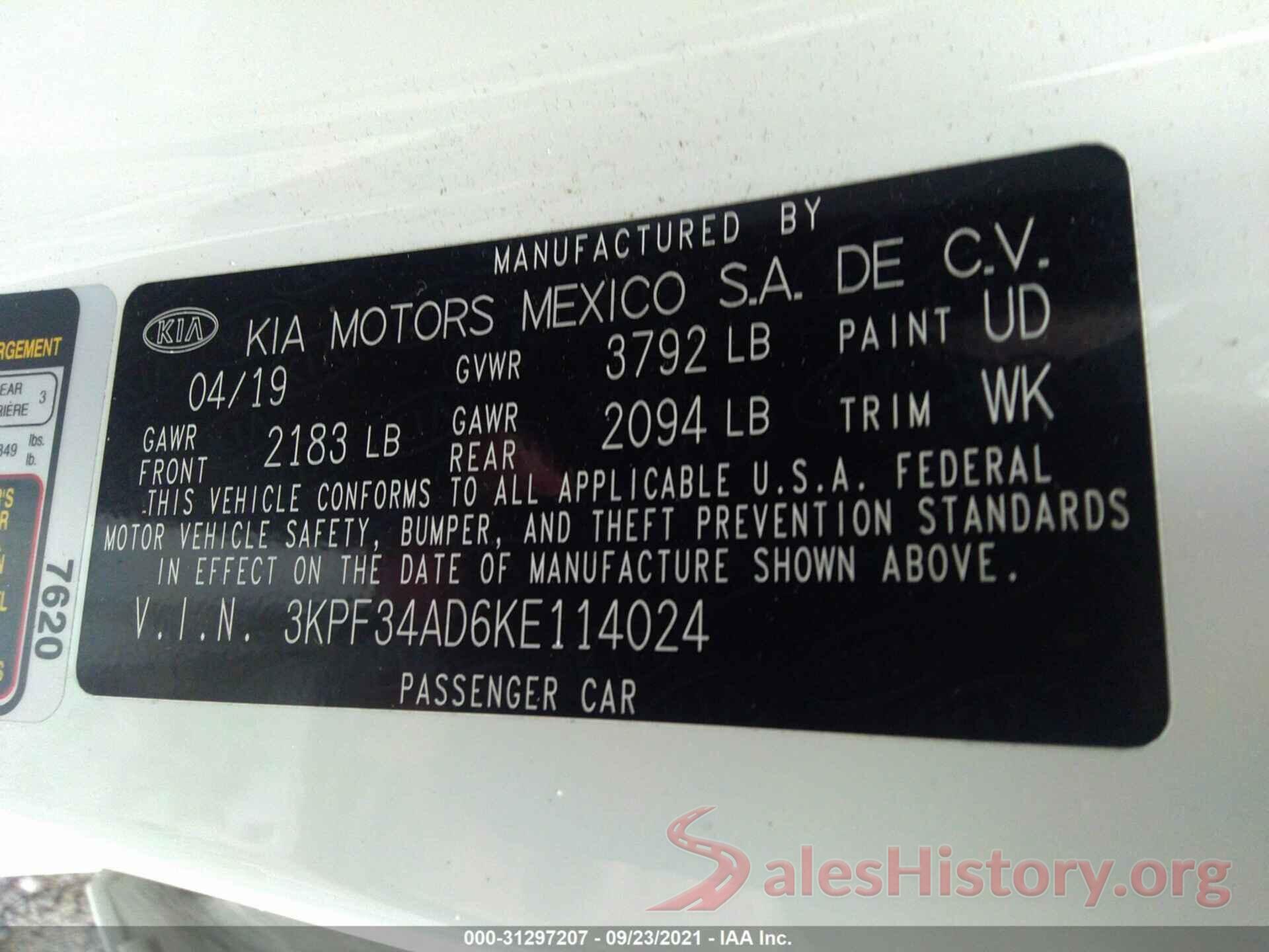 3KPF34AD6KE114024 2019 KIA FORTE