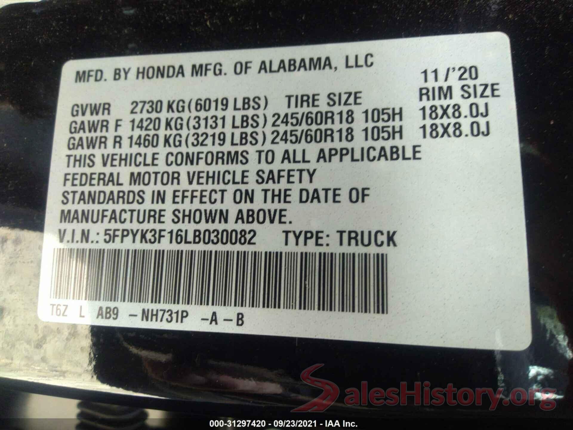 5FPYK3F16LB030082 2020 HONDA RIDGELINE