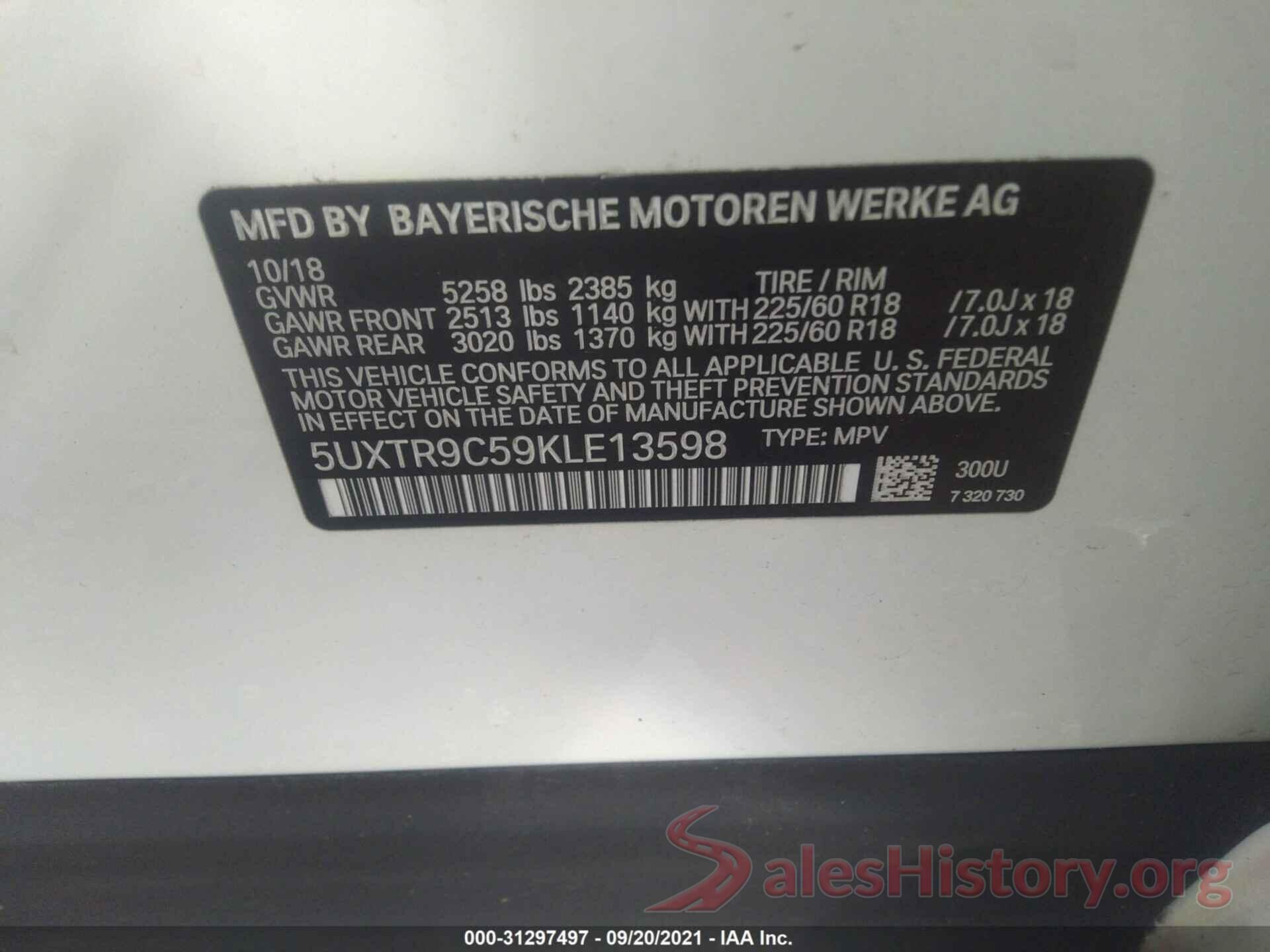 5UXTR9C59KLE13598 2019 BMW X3