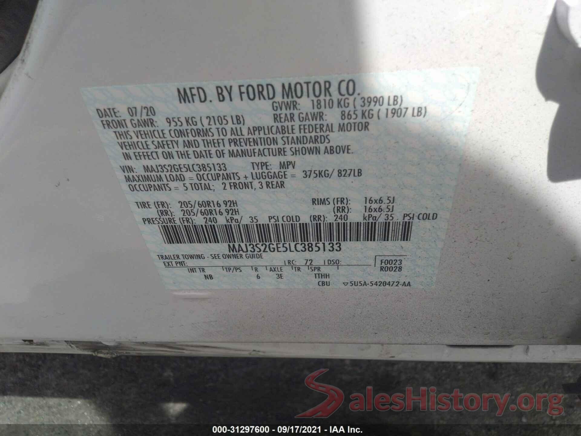 MAJ3S2GE5LC385133 2020 FORD ECOSPORT