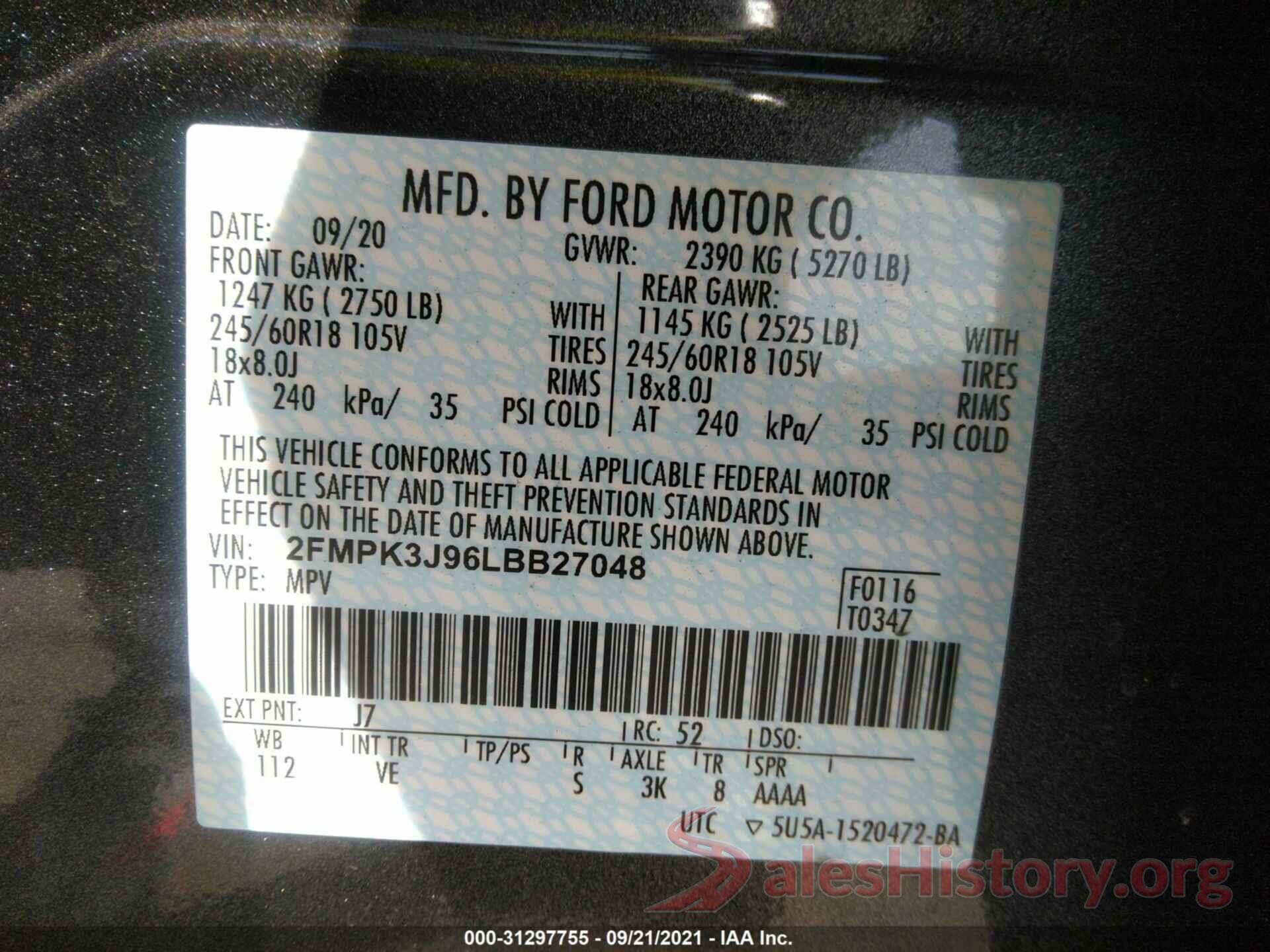 2FMPK3J96LBB27048 2020 FORD EDGE