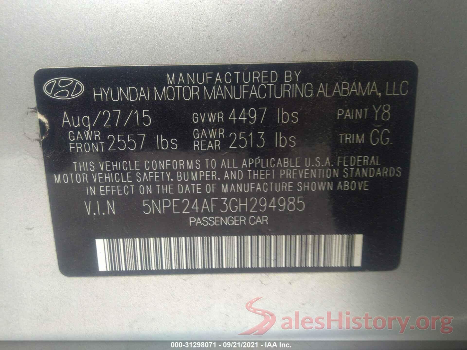 5NPE24AF3GH294985 2016 HYUNDAI SONATA