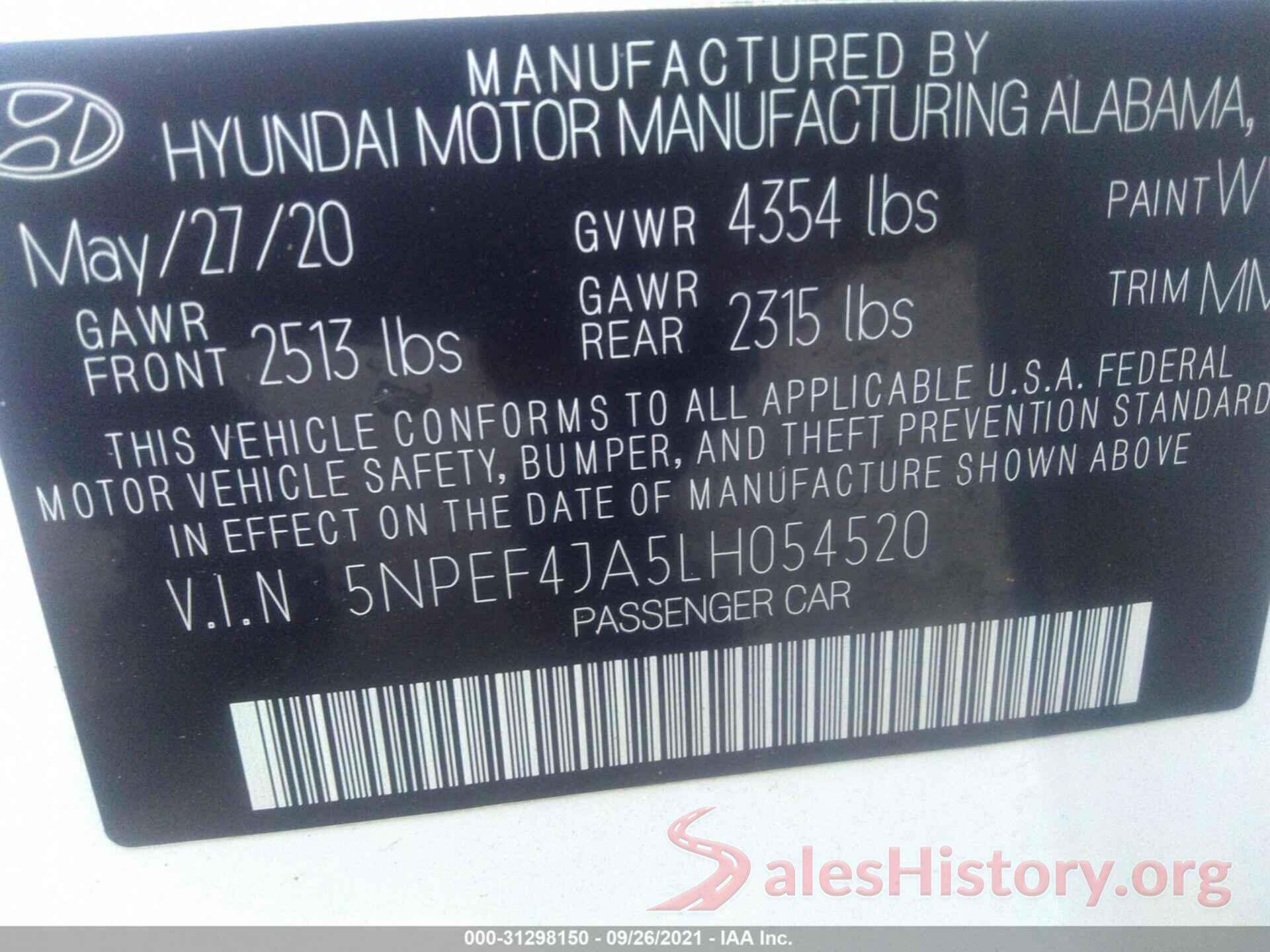 5NPEF4JA5LH054520 2020 HYUNDAI SONATA