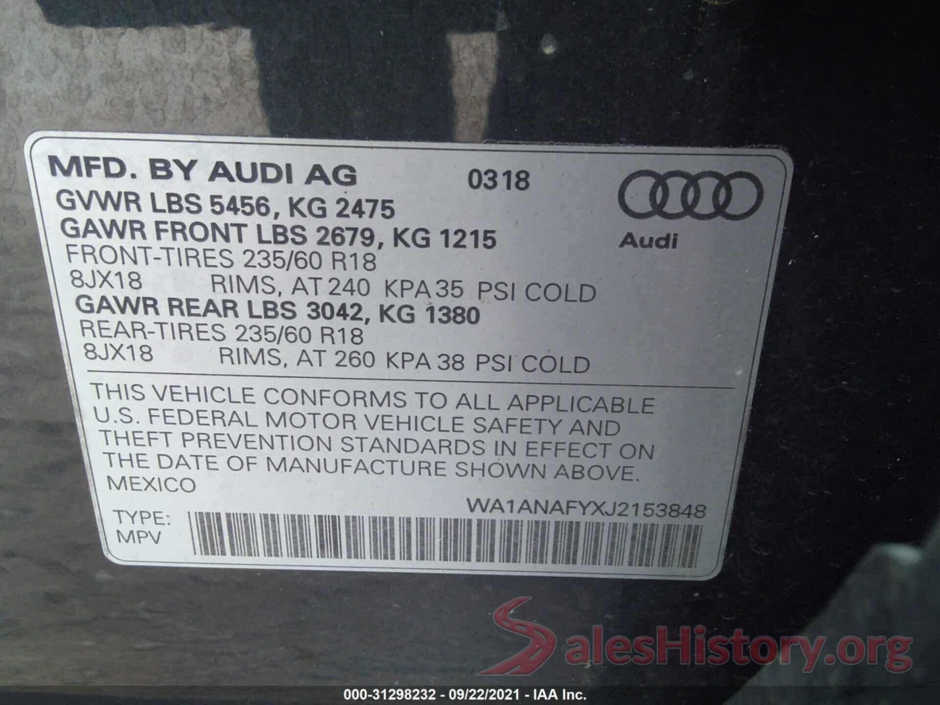 WA1ANAFYXJ2153848 2018 AUDI Q5