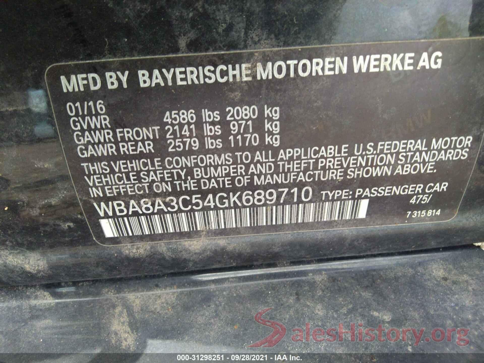 WBA8A3C54GK689710 2016 BMW 3 SERIES