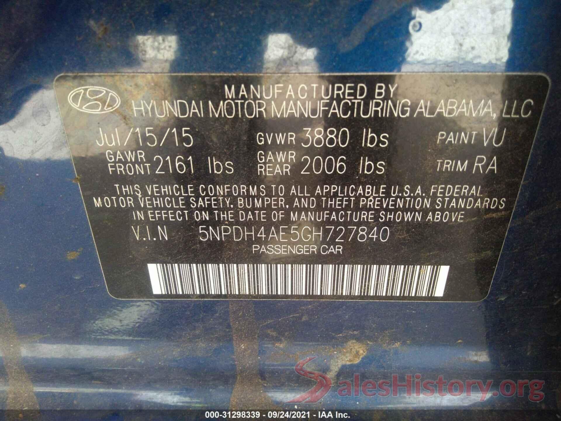 5NPDH4AE5GH727840 2016 HYUNDAI ELANTRA