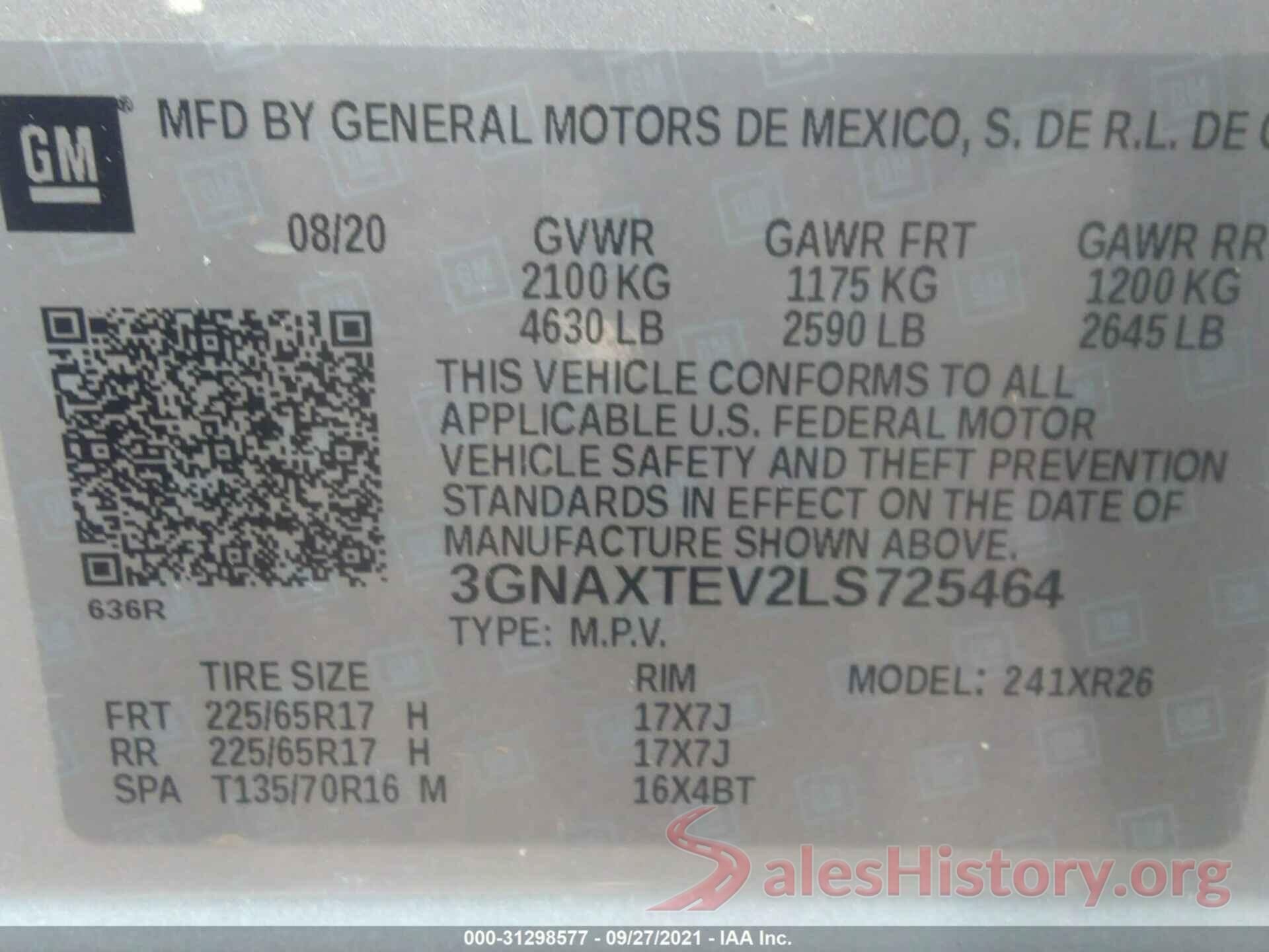 3GNAXTEV2LS725464 2020 CHEVROLET EQUINOX