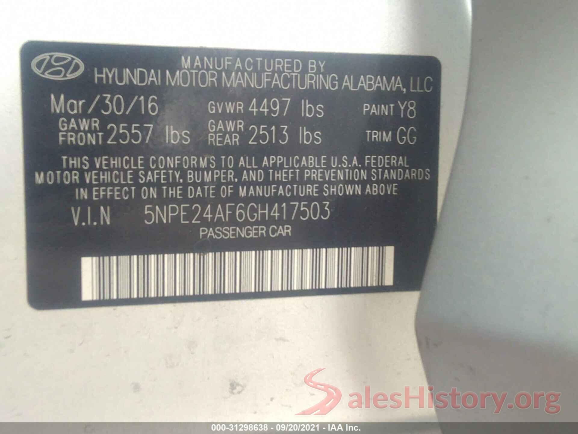 5NPE24AF6GH417503 2016 HYUNDAI SONATA