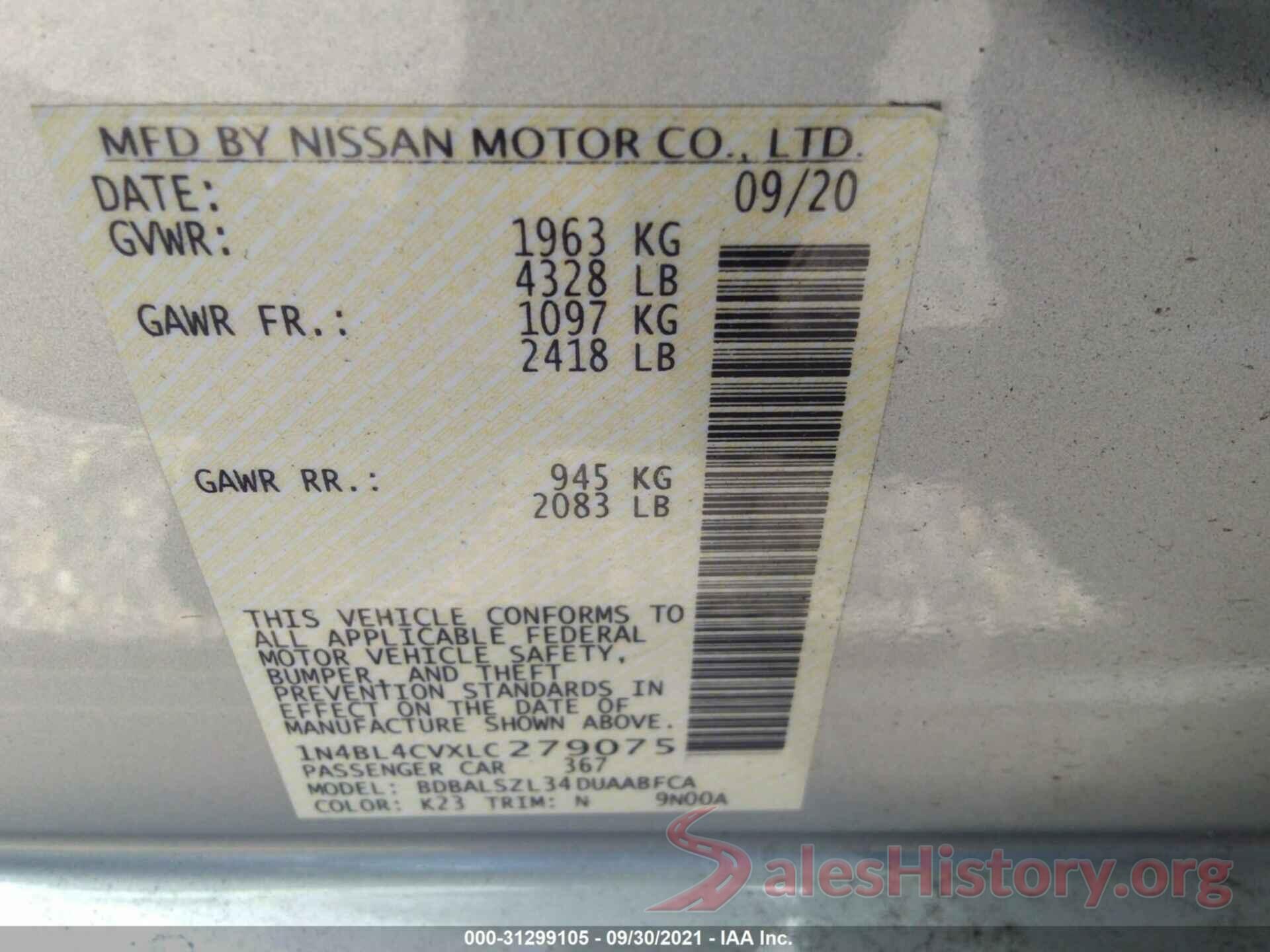 1N4BL4CVXLC279075 2020 NISSAN ALTIMA