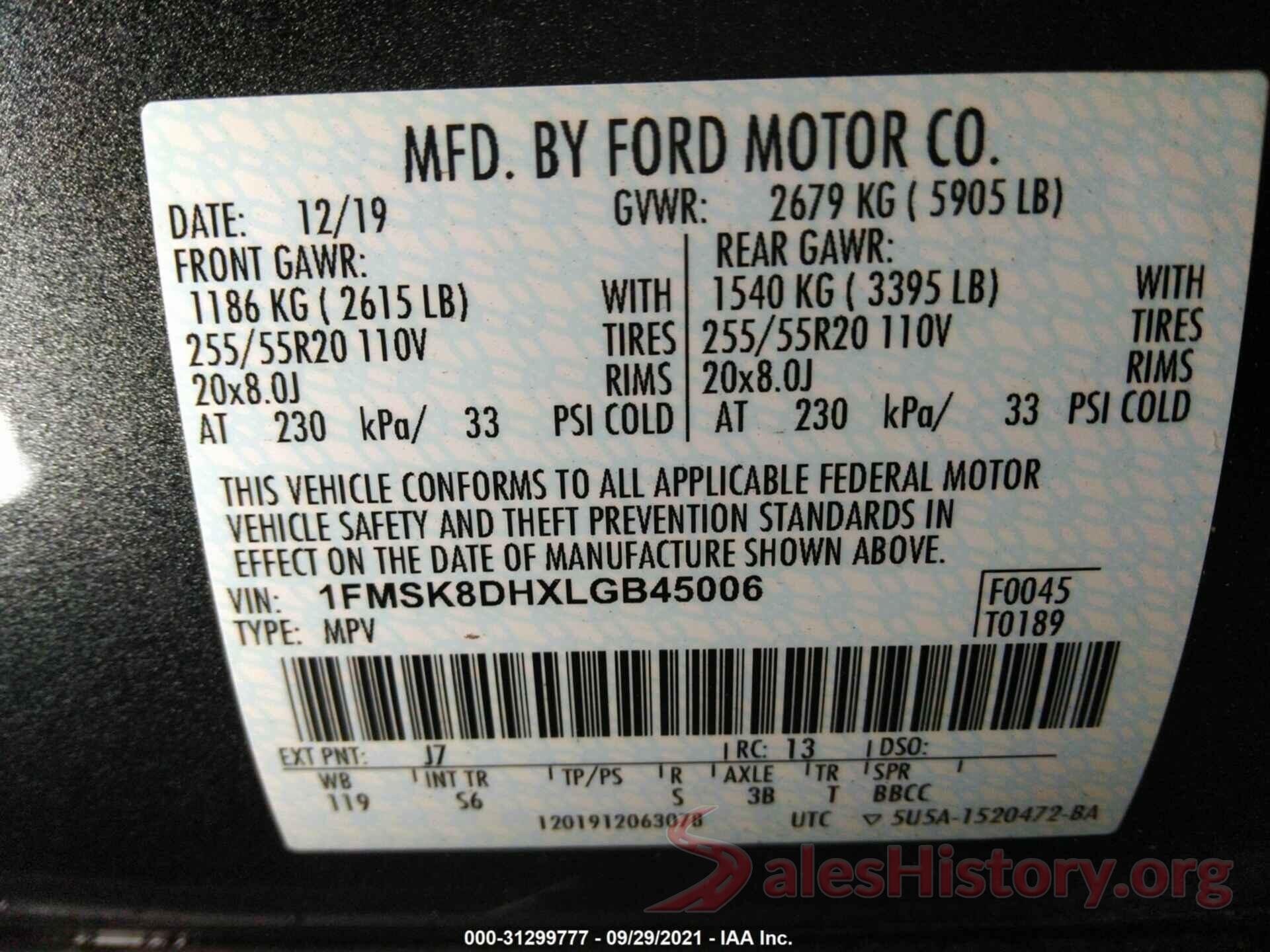 1FMSK8DHXLGB45006 2020 FORD EXPLORER