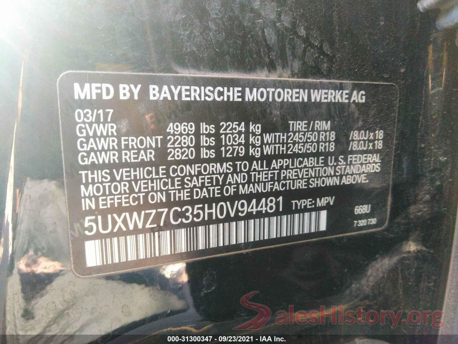 5UXWZ7C35H0V94481 2017 BMW X3