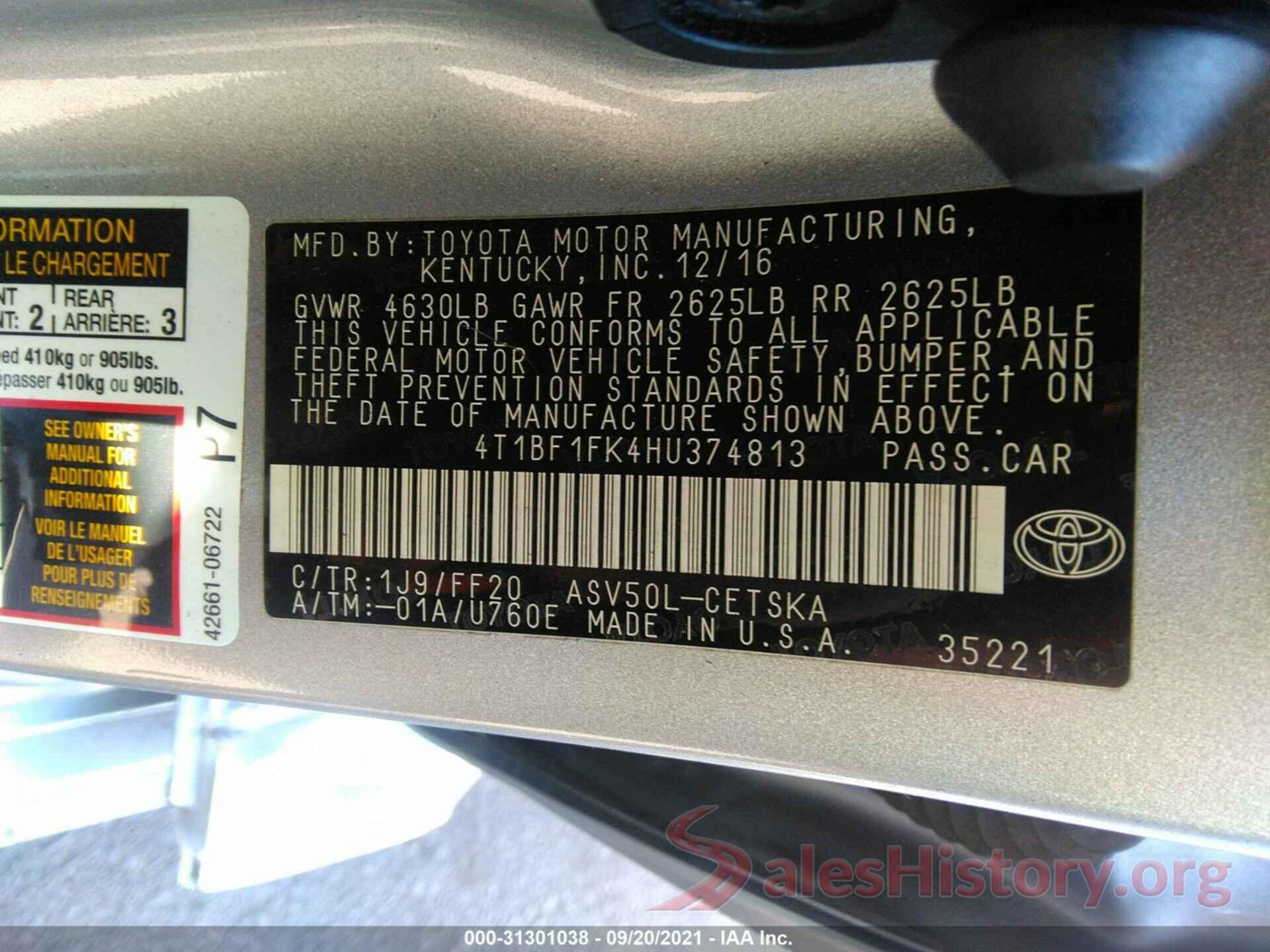 4T1BF1FK4HU374813 2017 TOYOTA CAMRY