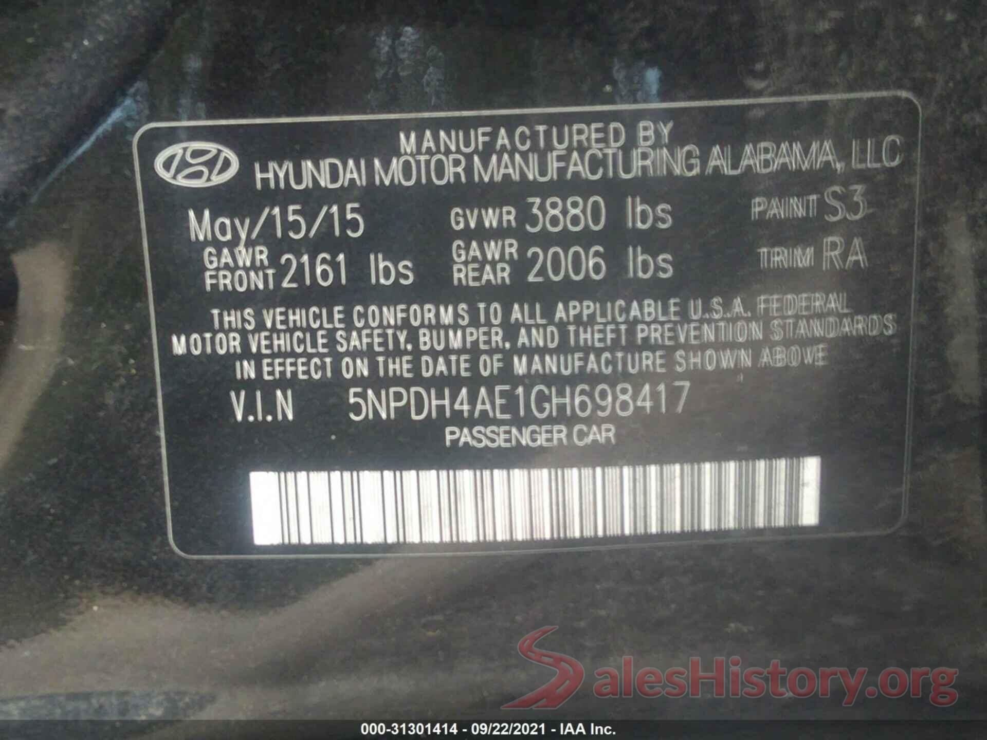 5NPDH4AE1GH698417 2016 HYUNDAI ELANTRA