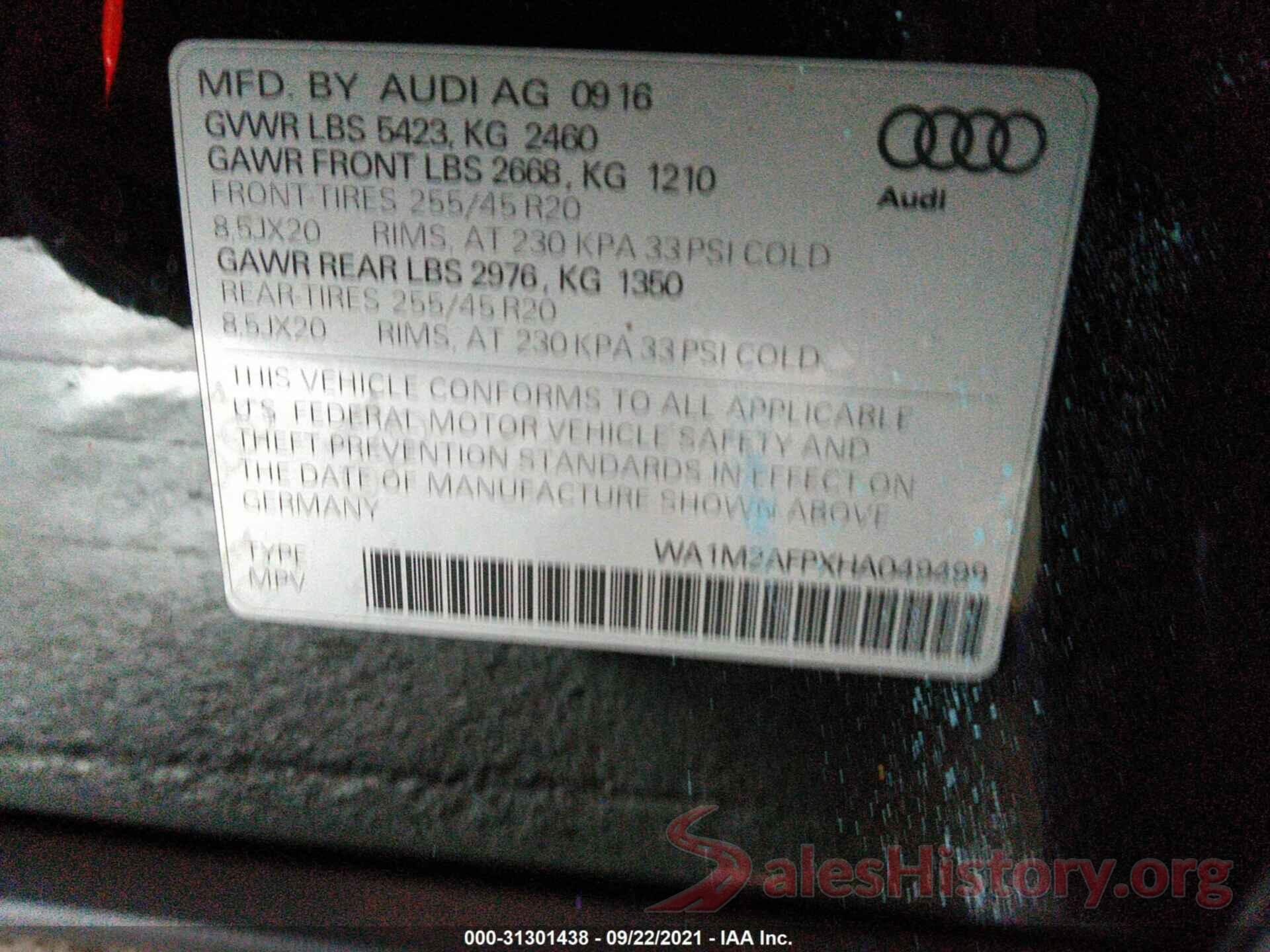 WA1M2AFPXHA049499 2017 AUDI Q5