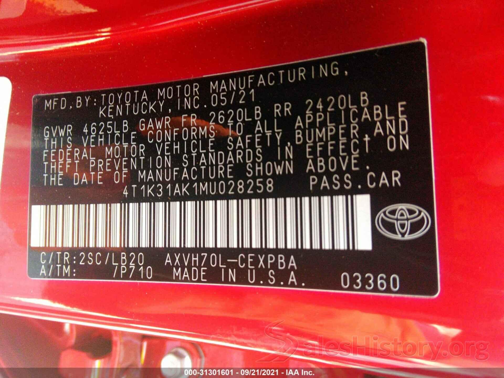 4T1K31AK1MU028258 2021 TOYOTA CAMRY