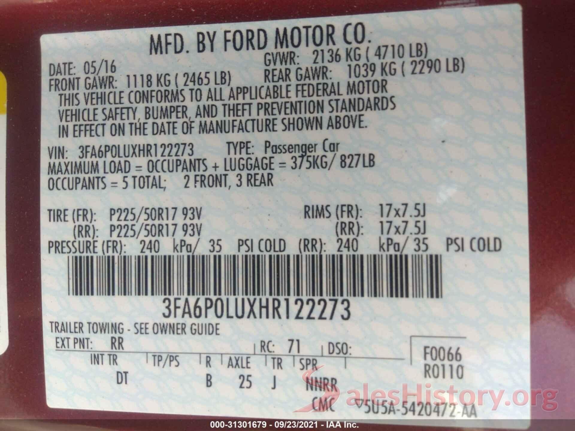 3FA6P0LUXHR122273 2017 FORD FUSION