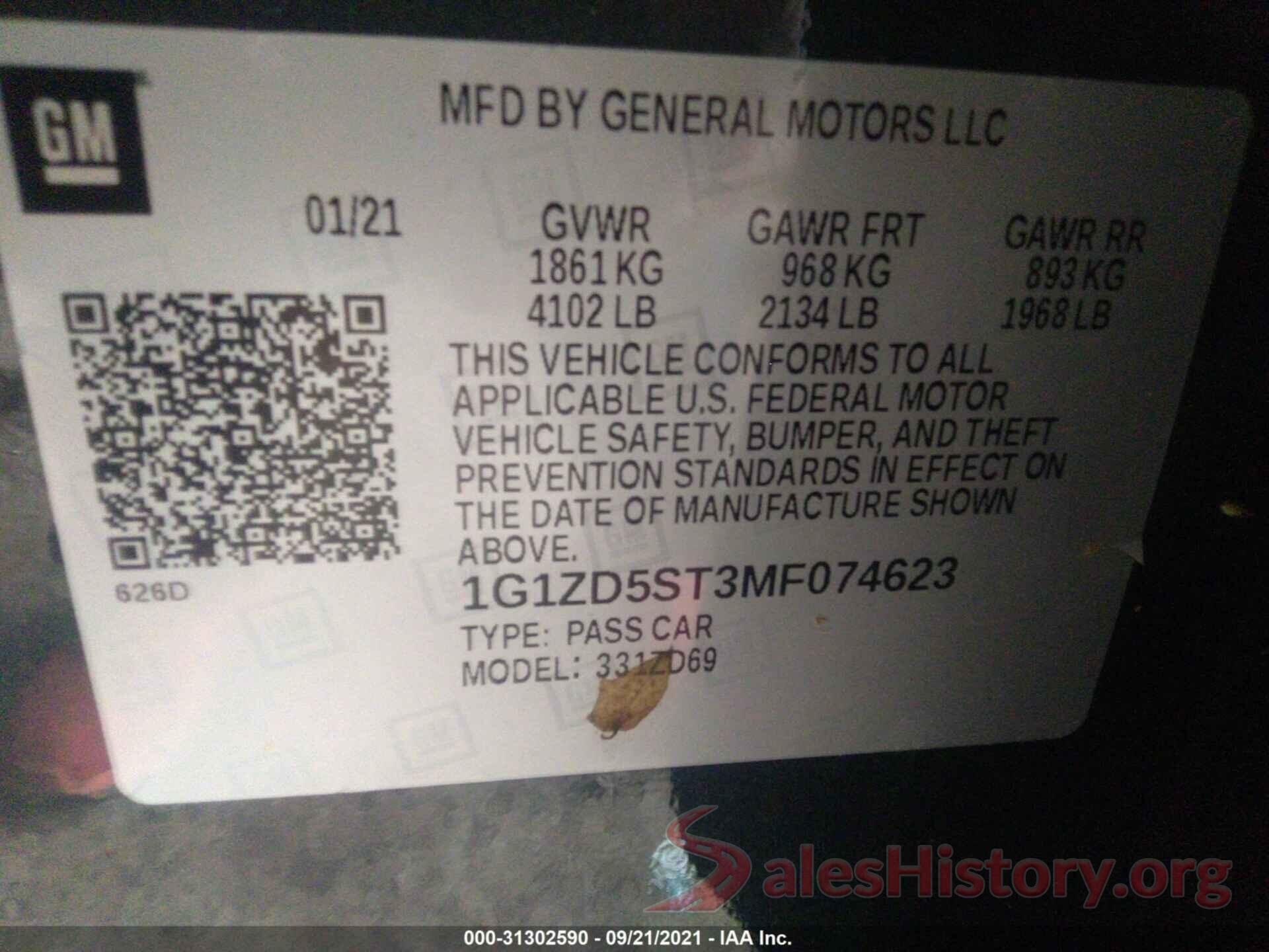 1G1ZD5ST3MF074623 2021 CHEVROLET MALIBU