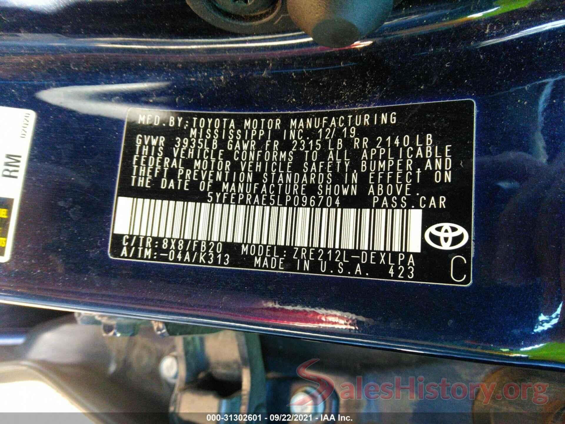 5YFEPRAE5LP096704 2020 TOYOTA COROLLA