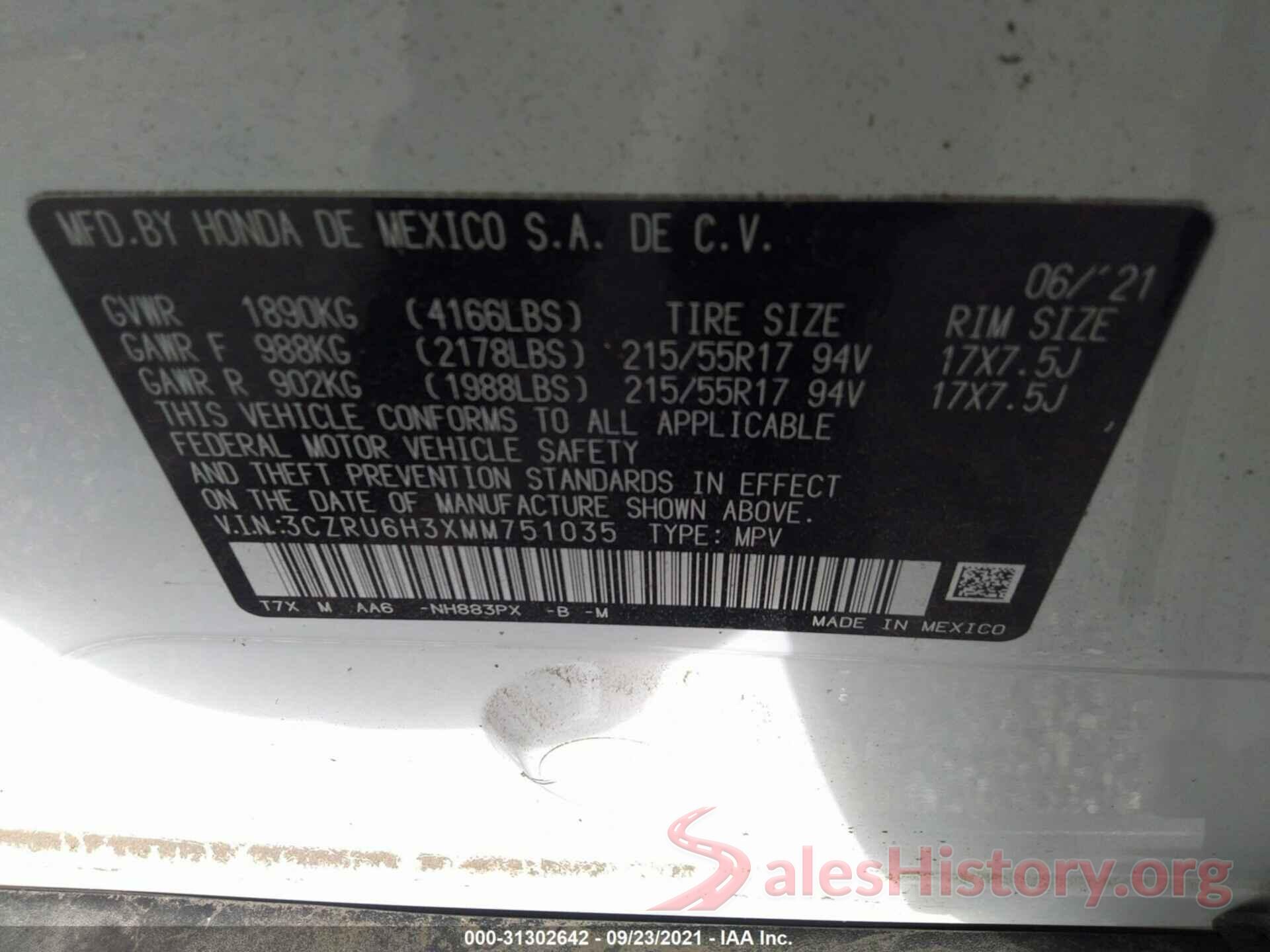 3CZRU6H3XMM751035 2021 HONDA HR-V