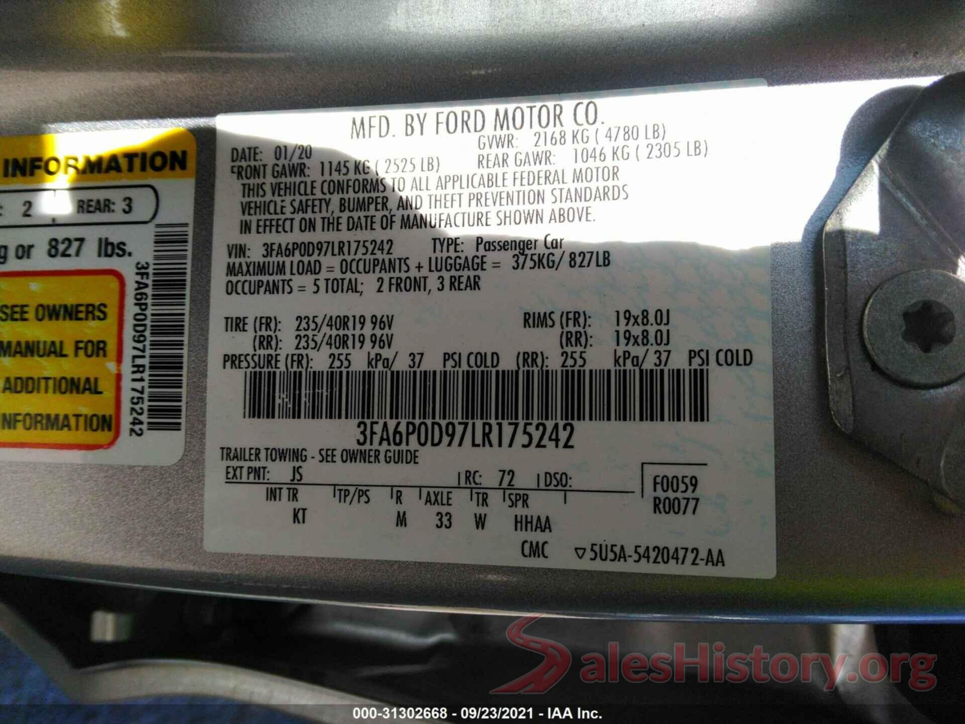 3FA6P0D97LR175242 2020 FORD FUSION