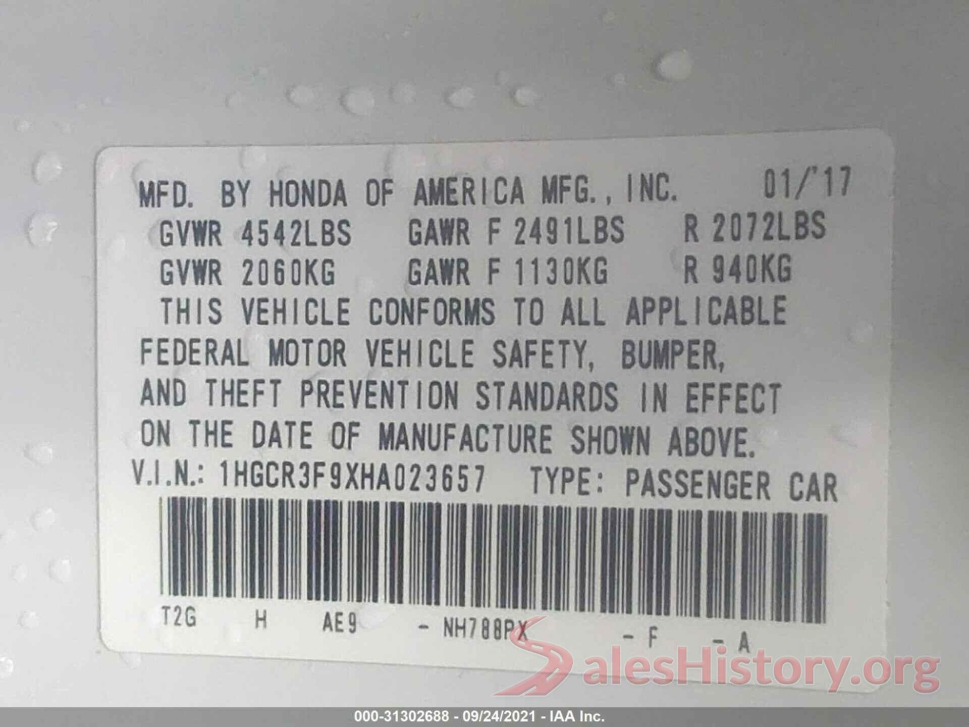 1HGCR3F9XHA023657 2017 HONDA ACCORD SEDAN