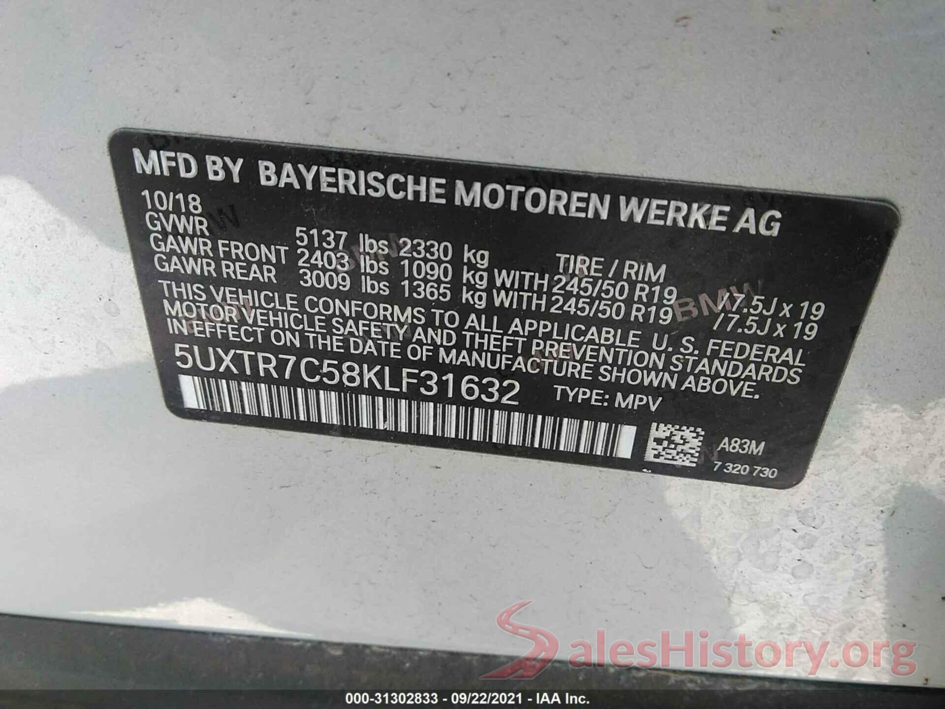 5UXTR7C58KLF31632 2019 BMW X3