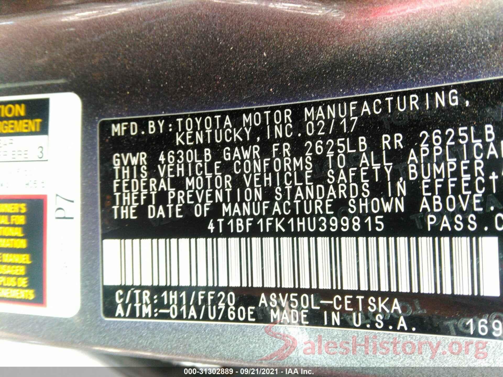 4T1BF1FK1HU399815 2017 TOYOTA CAMRY