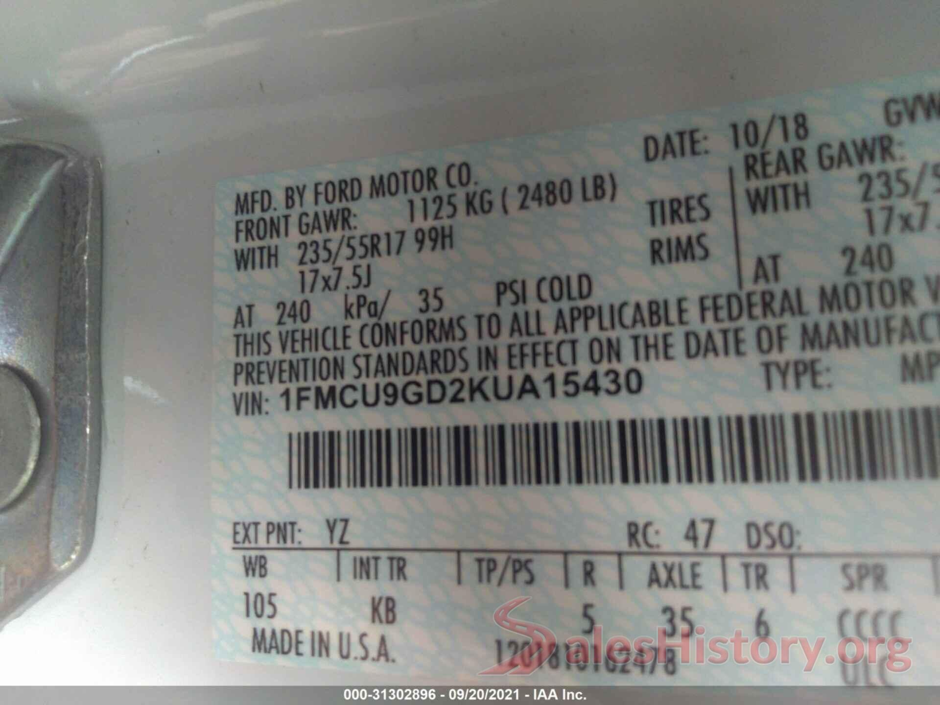 1FMCU9GD2KUA15430 2019 FORD ESCAPE