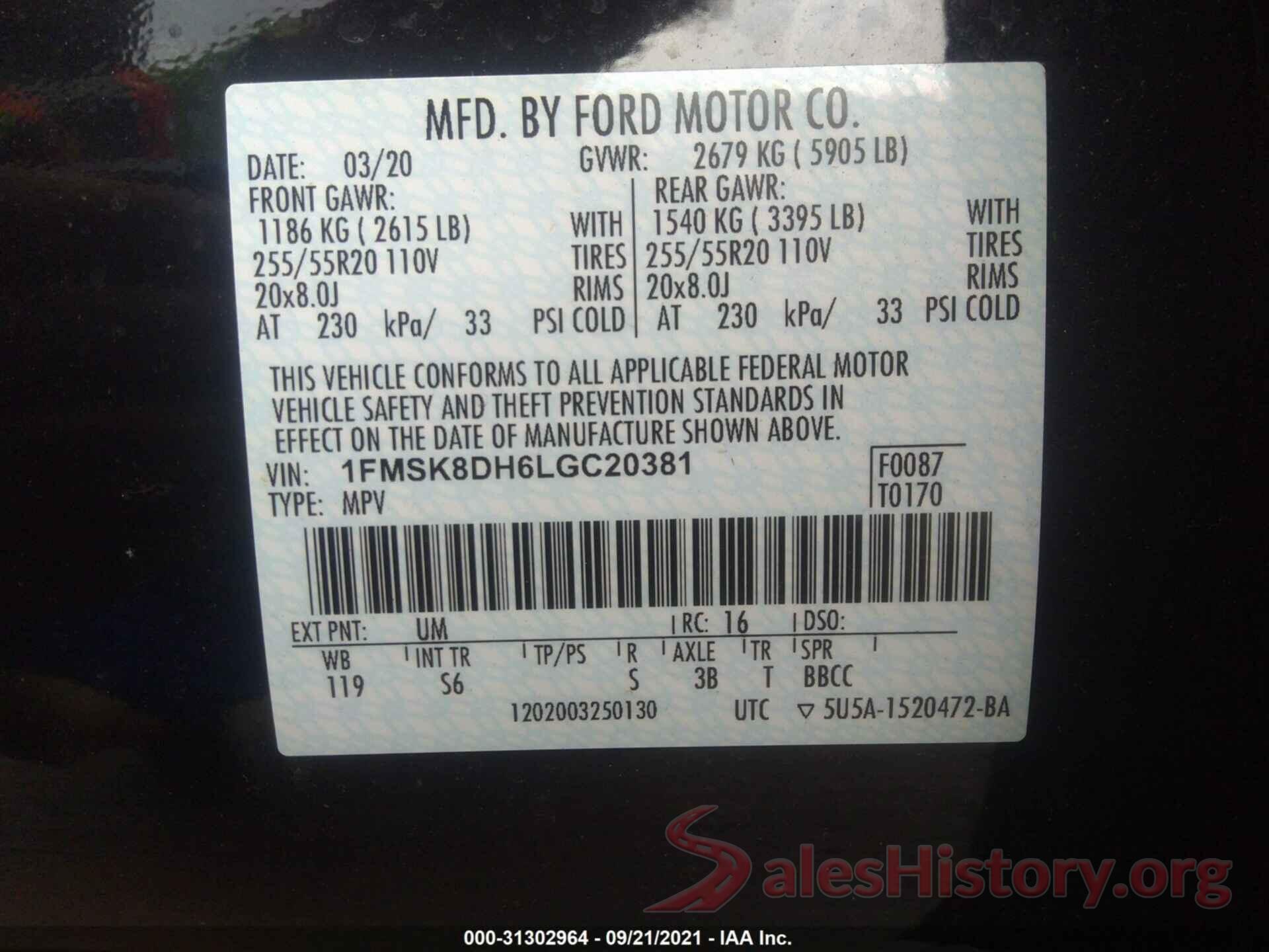 1FMSK8DH6LGC20381 2020 FORD EXPLORER