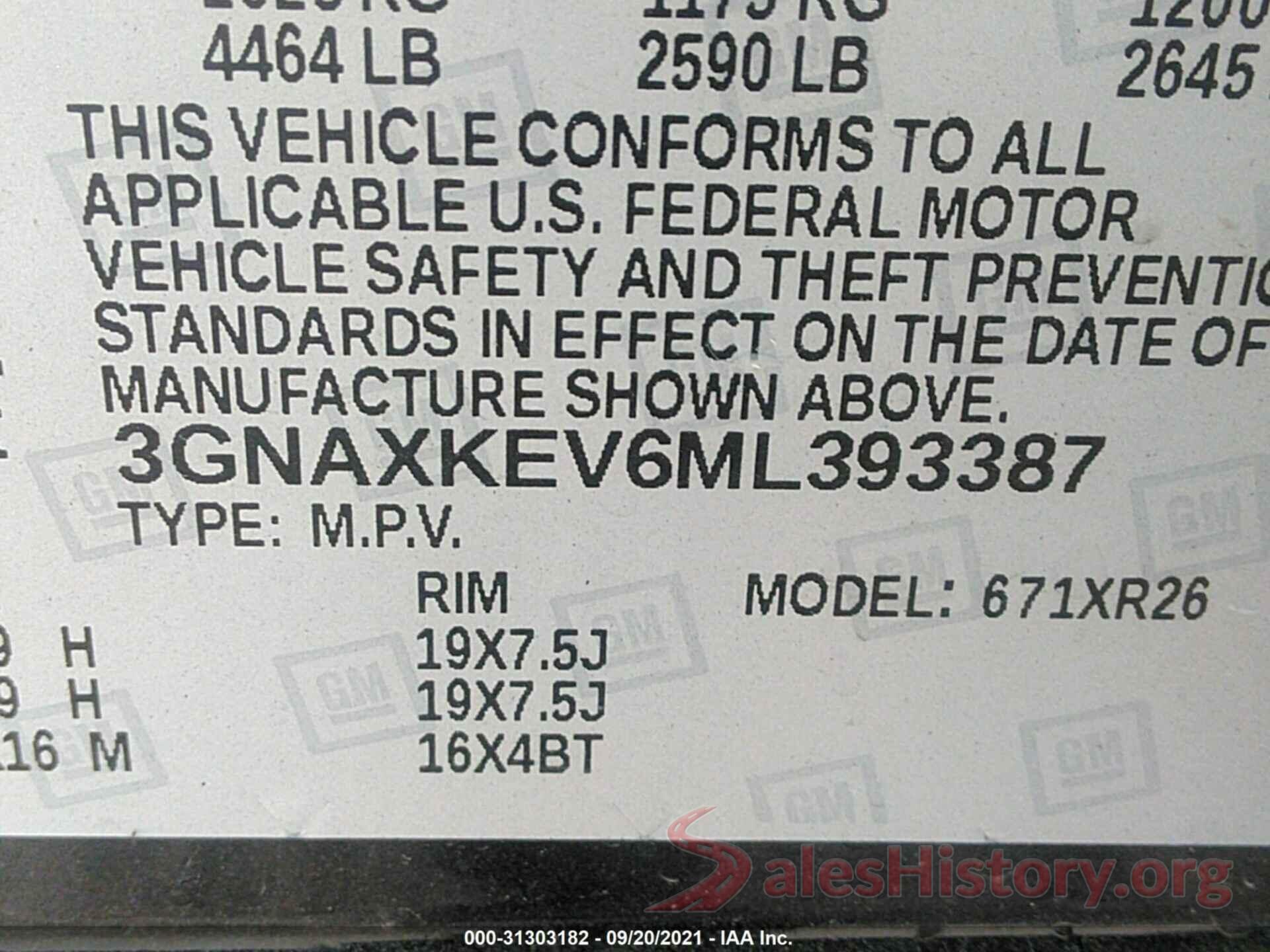 3GNAXKEV6ML393387 2021 CHEVROLET EQUINOX