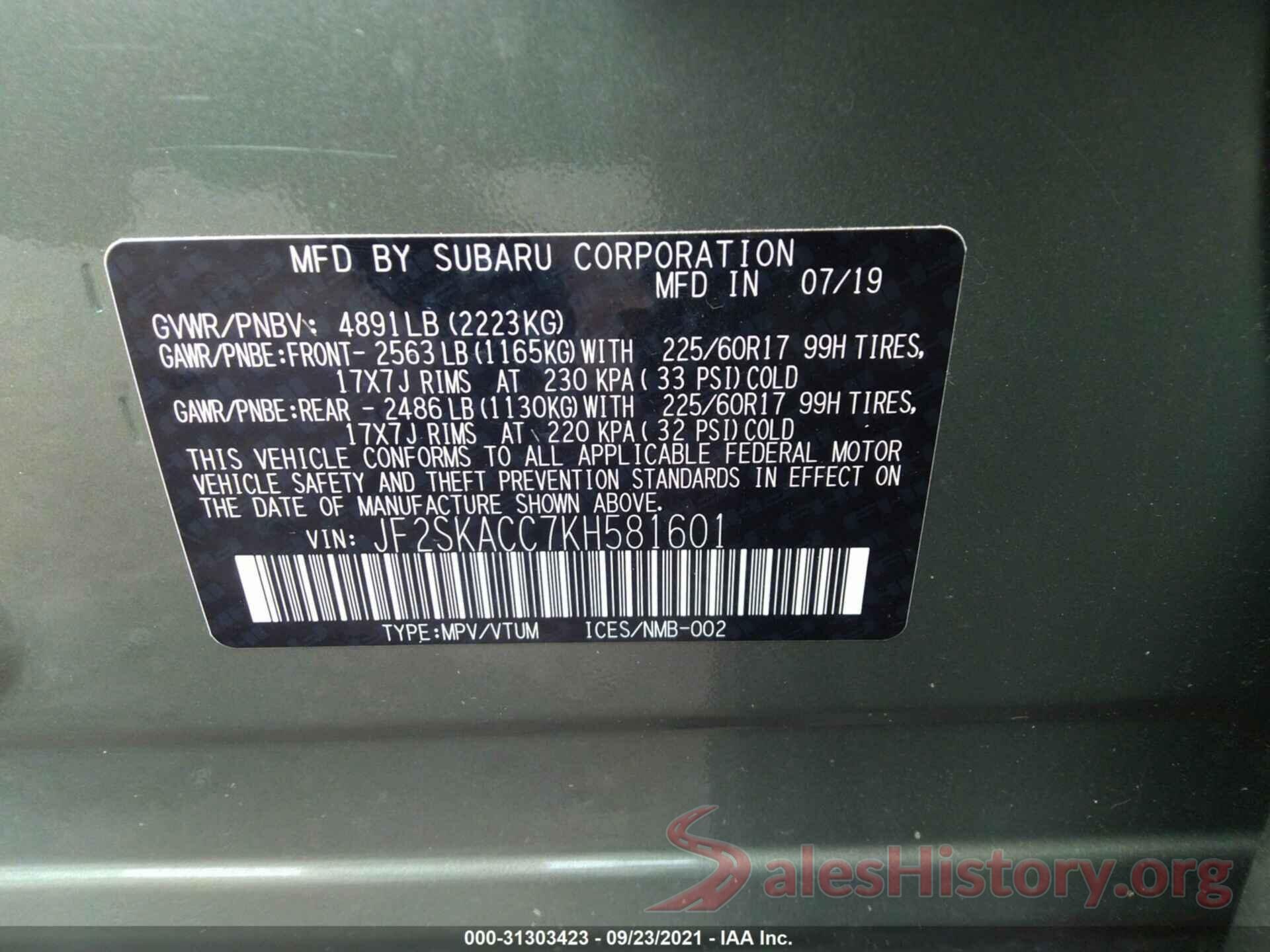 JF2SKACC7KH581601 2019 SUBARU FORESTER